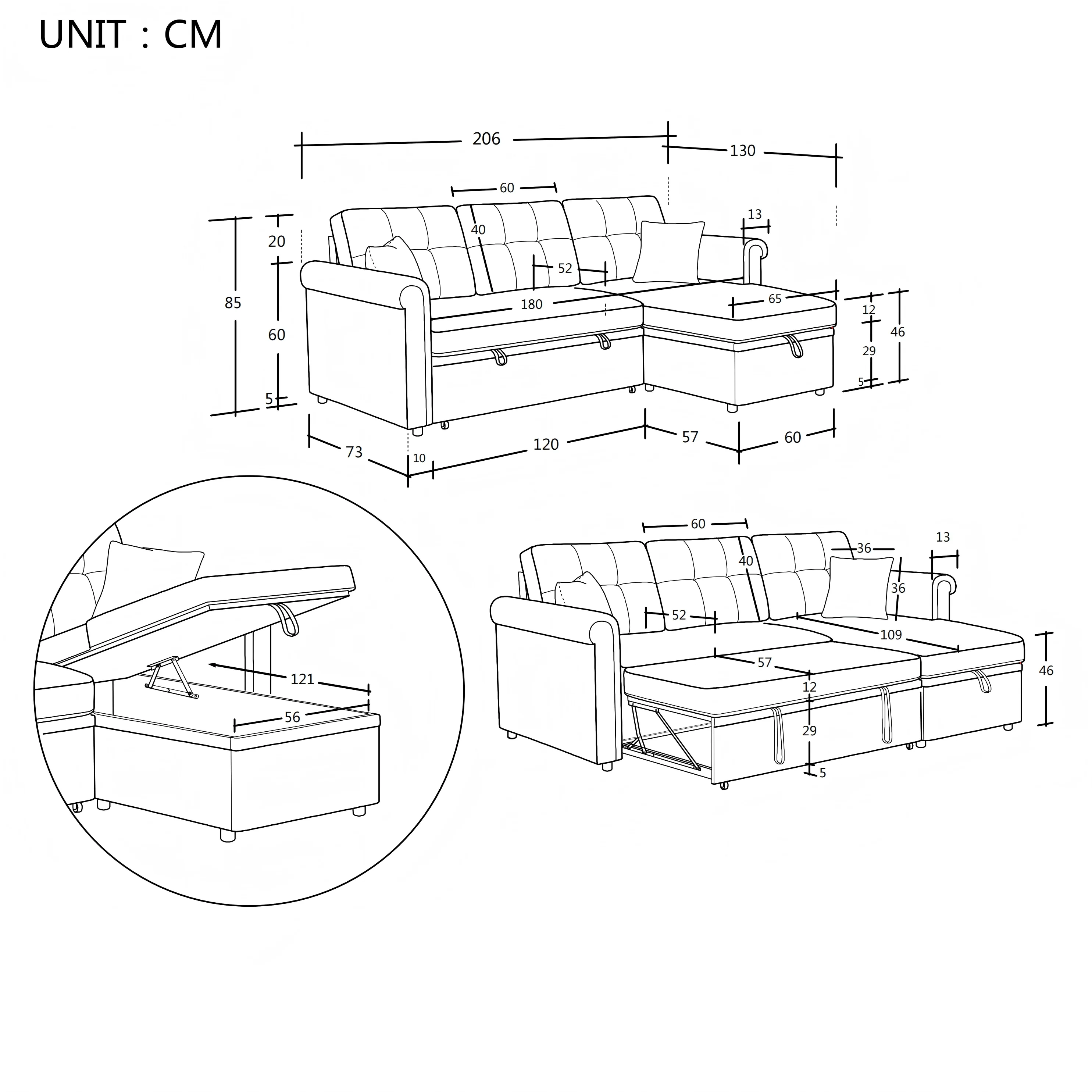 Corner Sofa L-Shape Storage Sleeping Function Reversible - Chenille Beige - Image 2