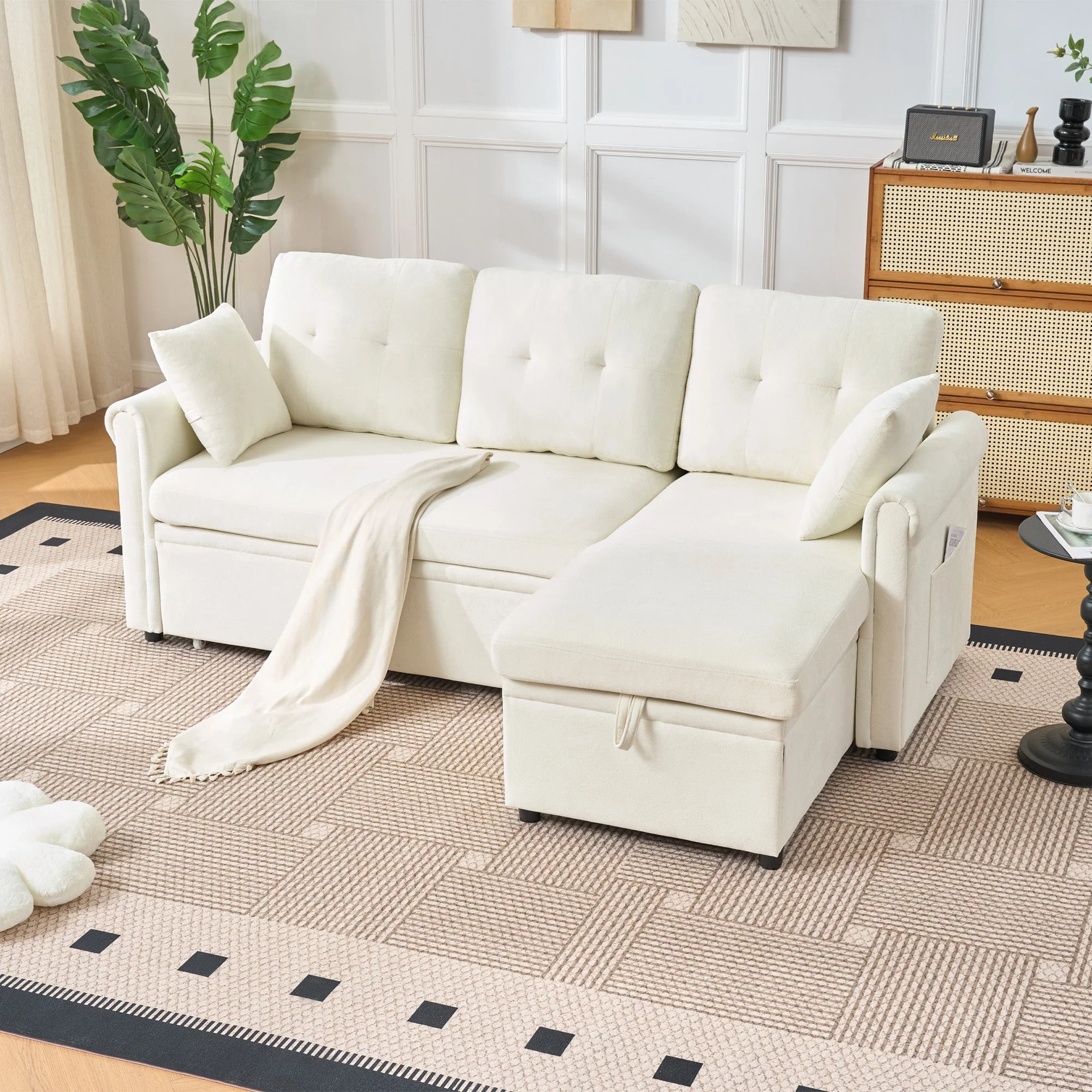 Corner Sofa L-Shape Storage Sleeping Function Reversible - Chenille Beige - Image 3