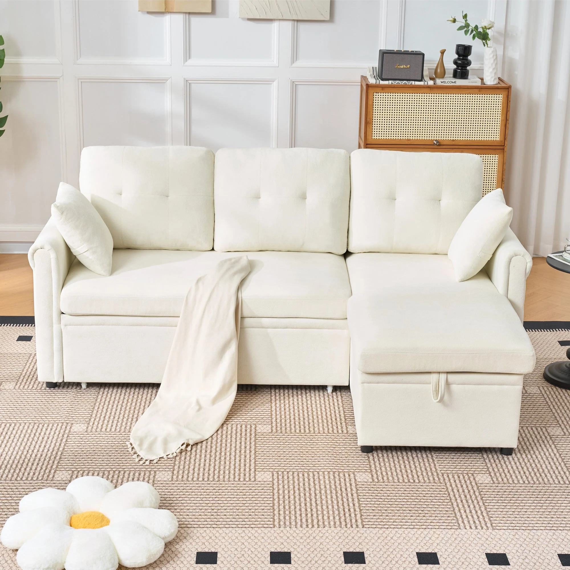 Corner Sofa L-Shape Storage Sleeping Function Reversible - Chenille Beige - Image 4