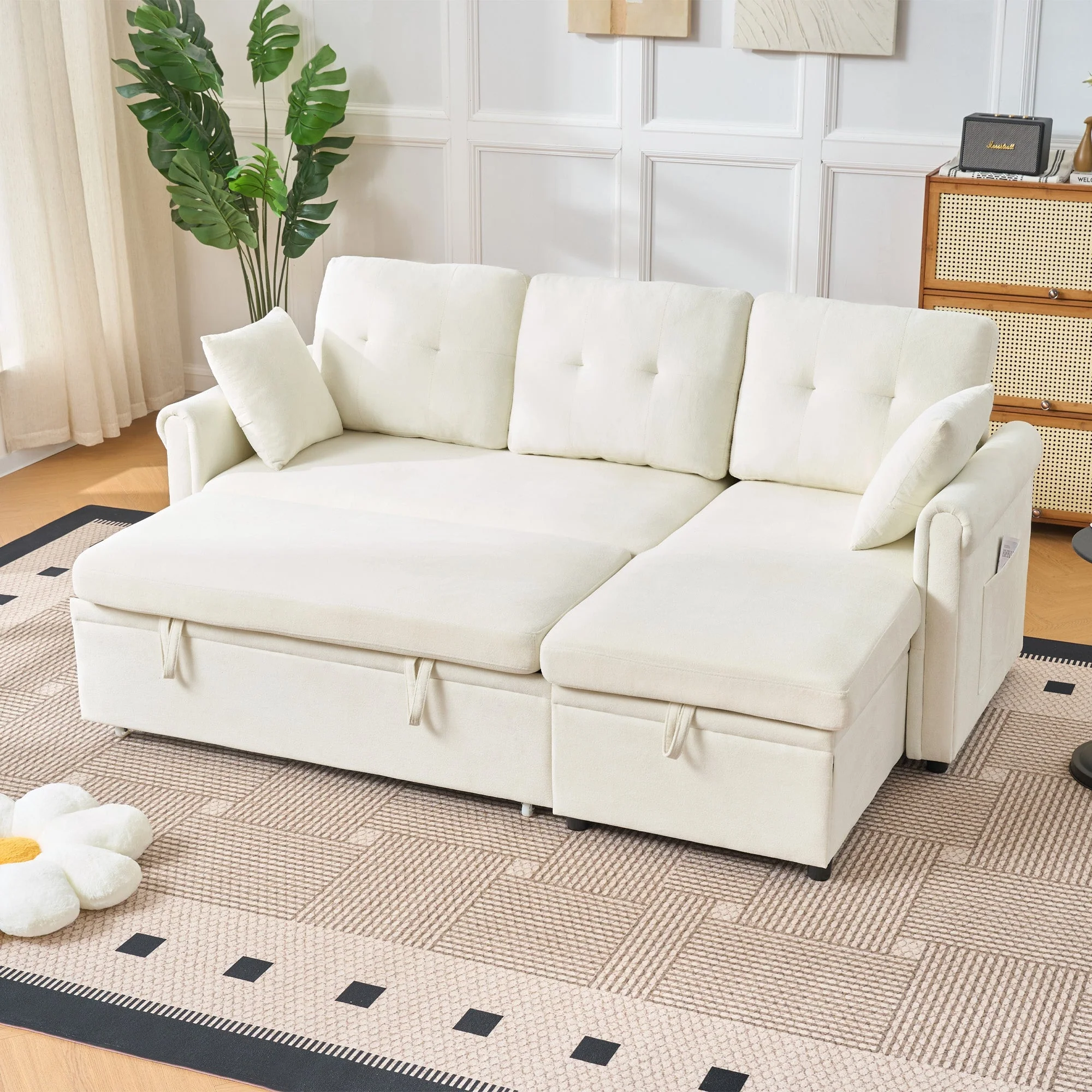 Corner Sofa L-Shape Storage Sleeping Function Reversible - Chenille Beige - Image 5