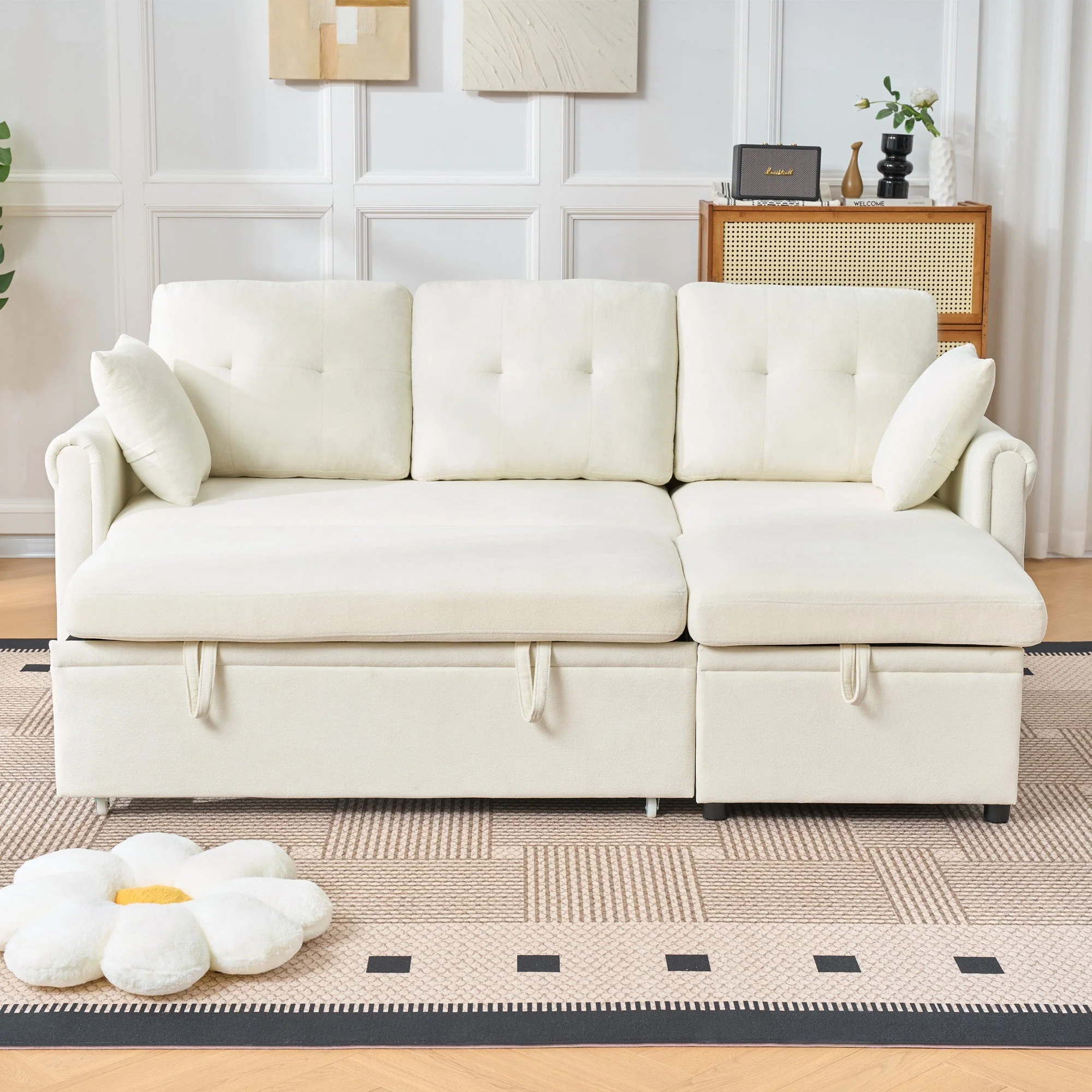 Corner Sofa L-Shape Storage Sleeping Function Reversible - Chenille Beige - Image 6