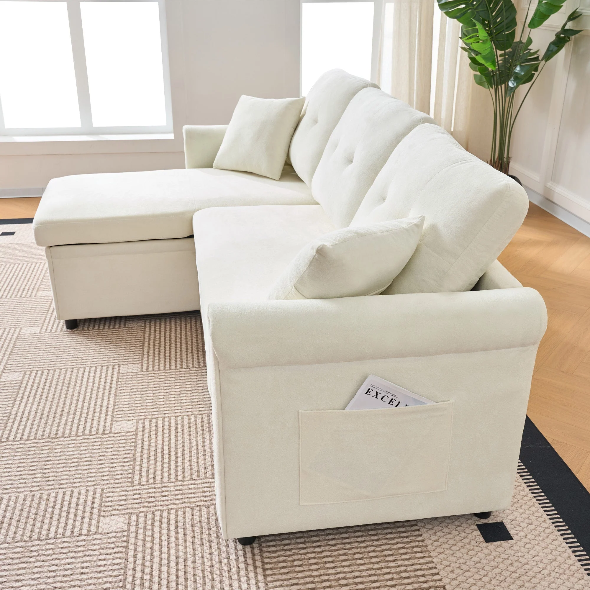 Corner Sofa L-Shape Storage Sleeping Function Reversible - Chenille Beige - Image 7