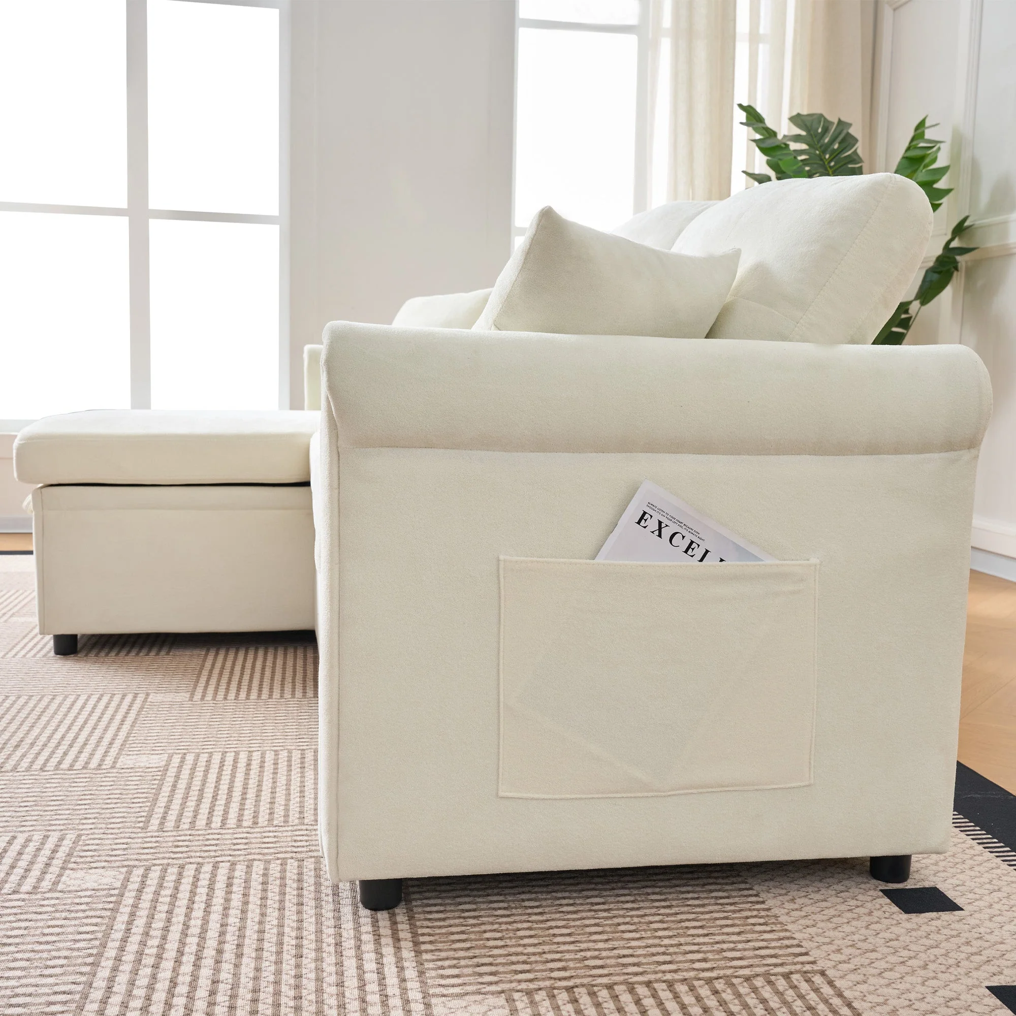 Corner Sofa L-Shape Storage Sleeping Function Reversible - Chenille Beige - Image 9