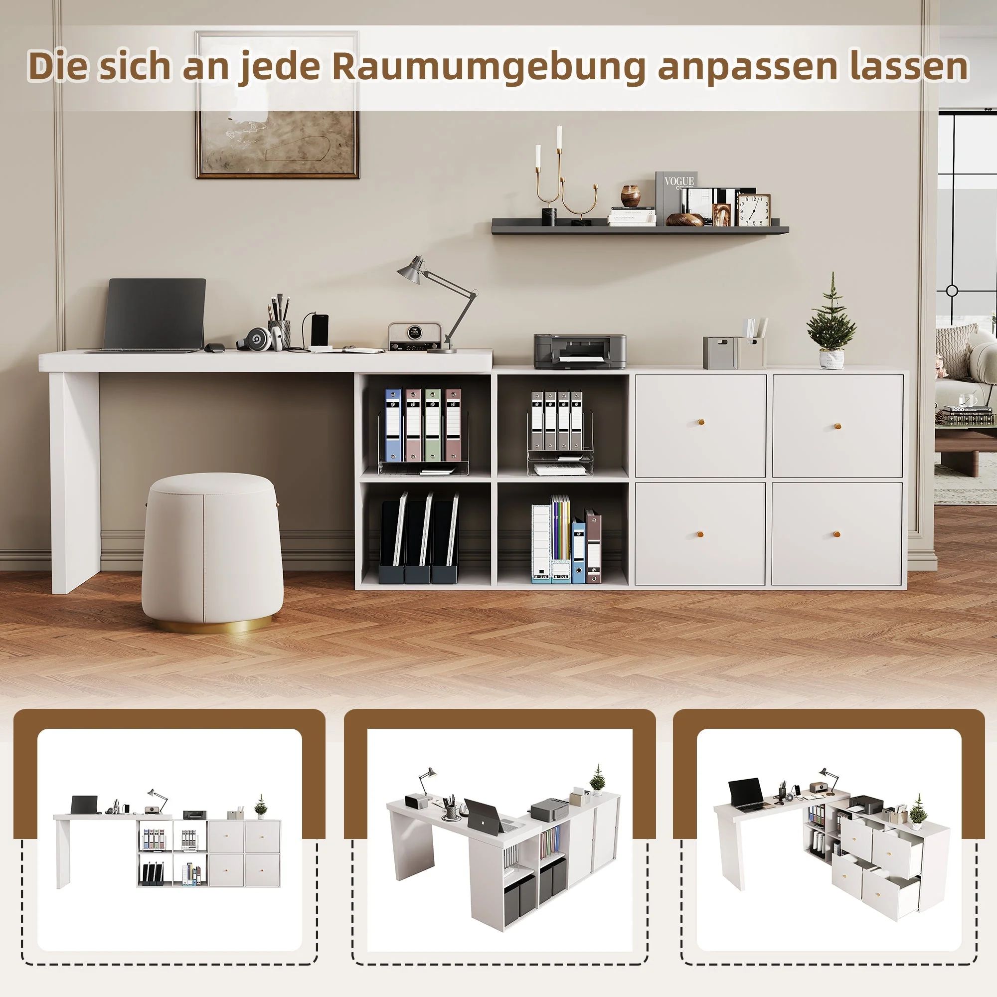 Corner Table 360° Swivel L-Shape/Straight, 4 Compartments 4 Drawers, White MDF - Image 3