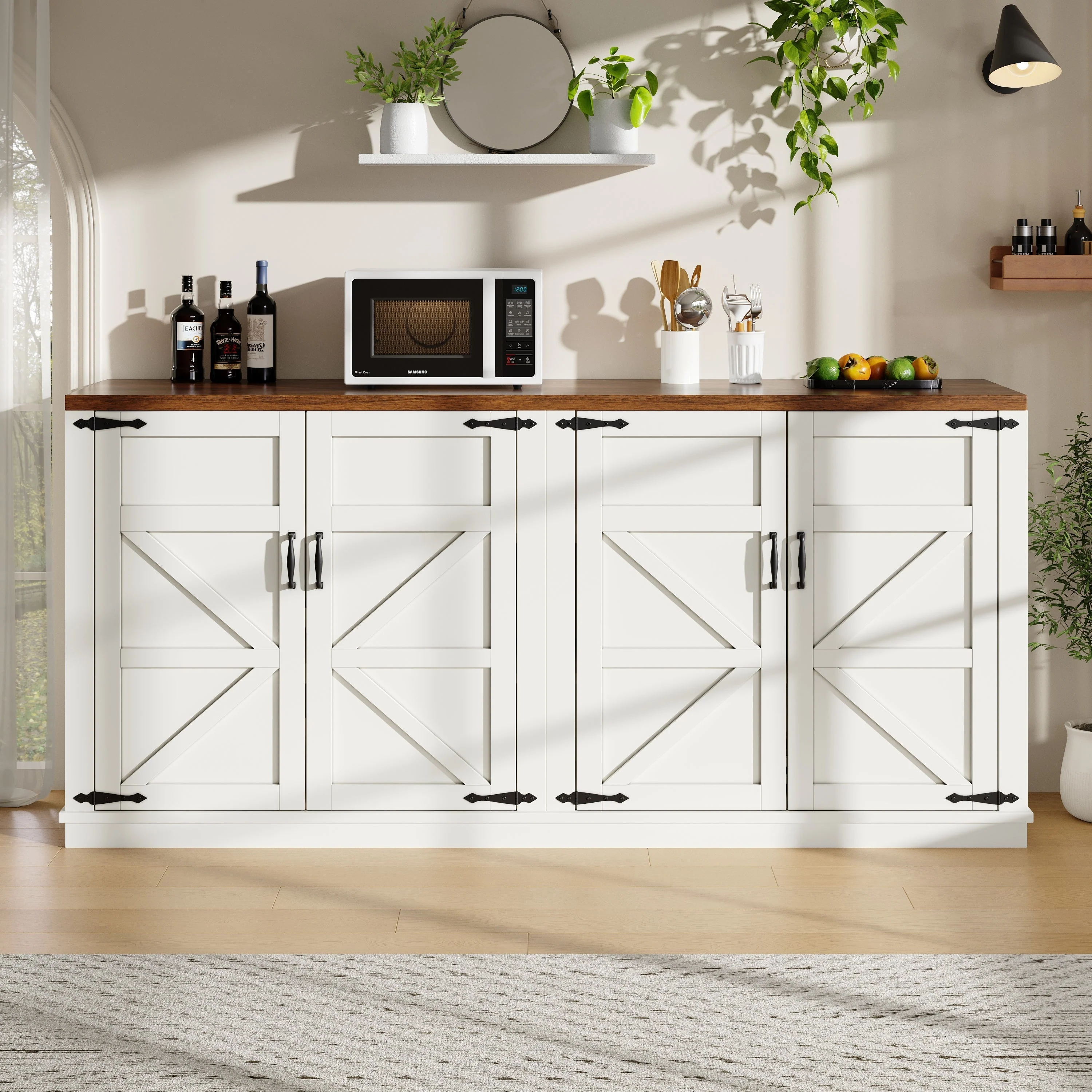 Country Sideboard 4 Doors 160x40x85cm Adjustable Shelves - White - Image 2