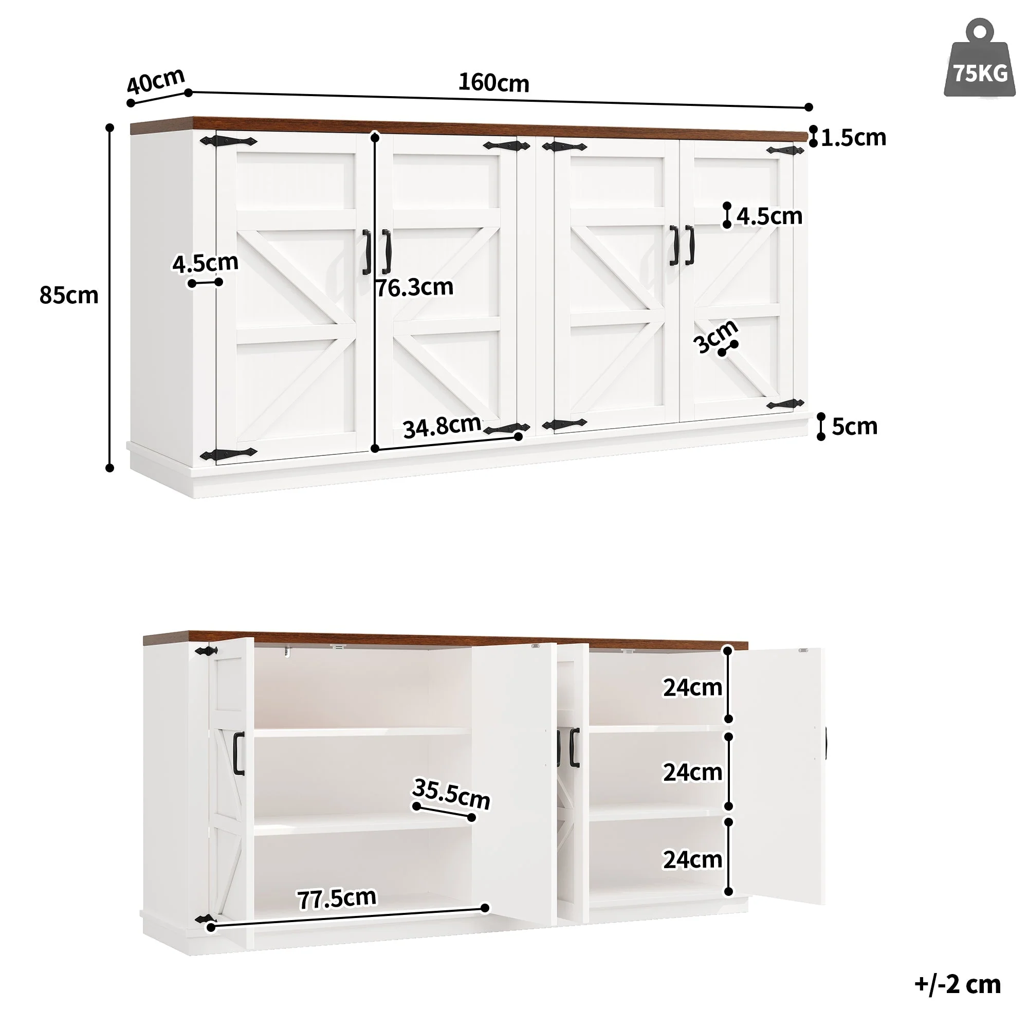 Country Sideboard 4 Doors 160x40x85cm Adjustable Shelves - White - Image 5