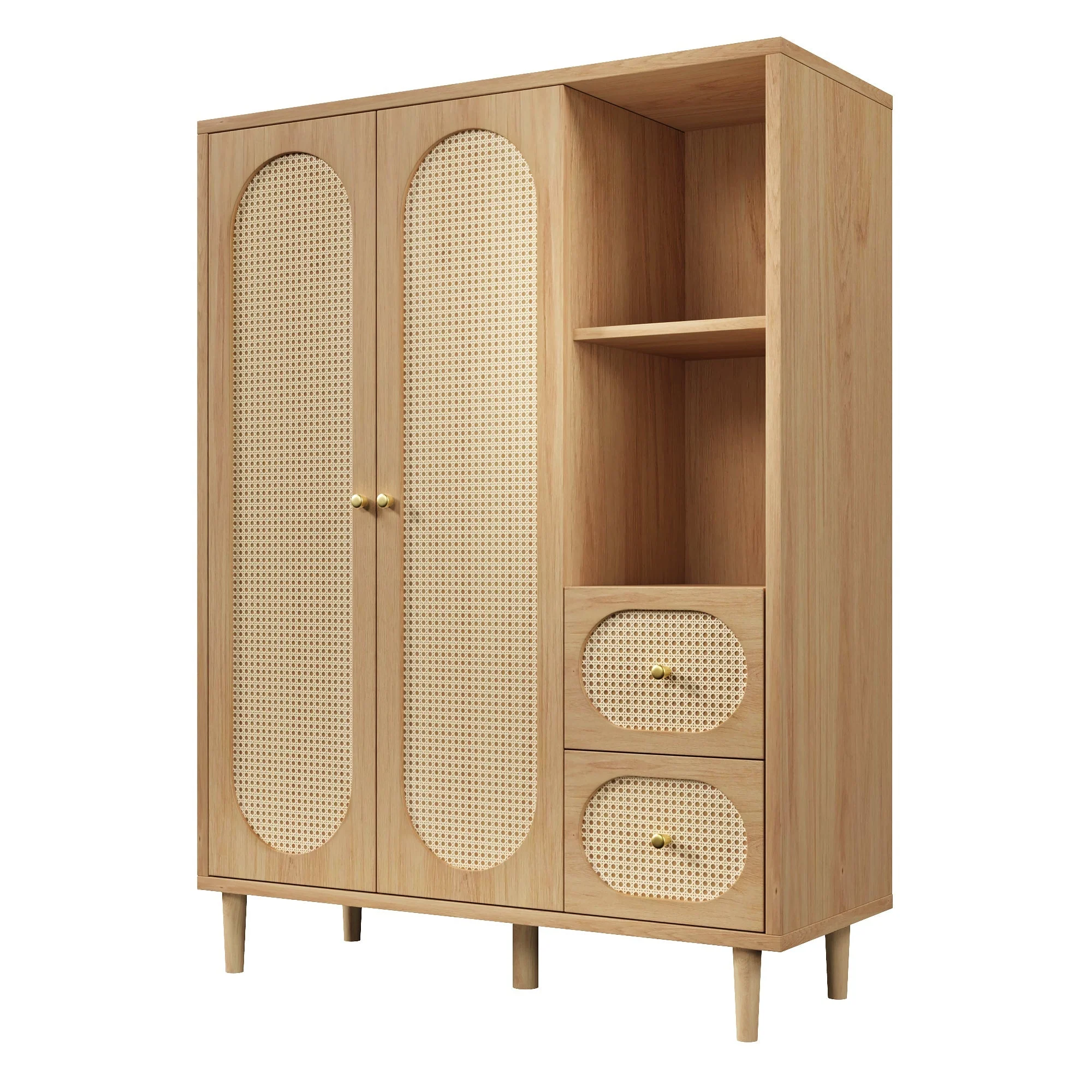 Country-Style Wardrobe with 2 Doors, 2 Drawers and Open Shelves, 161x120x44cm, Oak Wood - Image 7