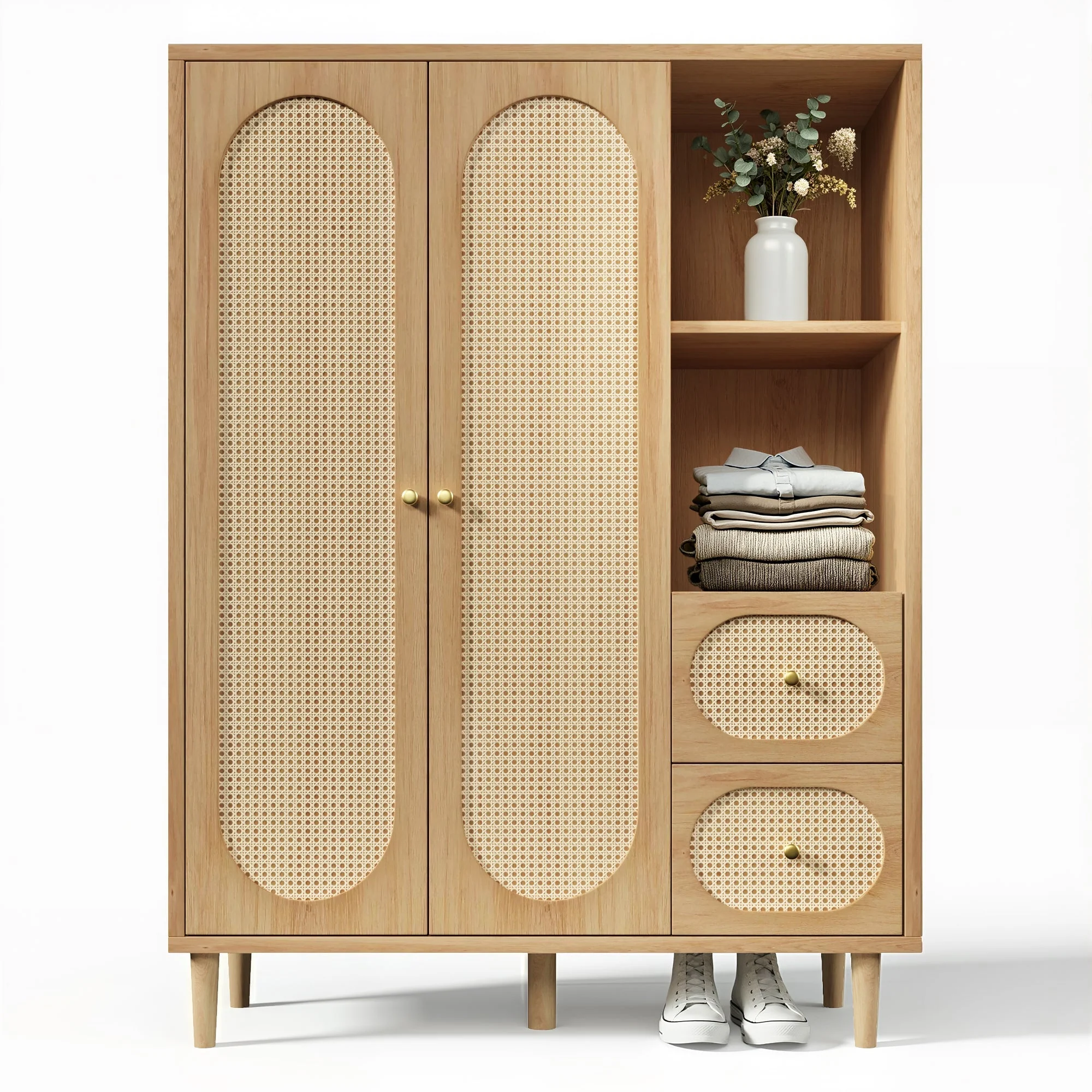 Country-Style Wardrobe with 2 Doors, 2 Drawers and Open Shelves, 161x120x44cm, Oak Wood - Image 9