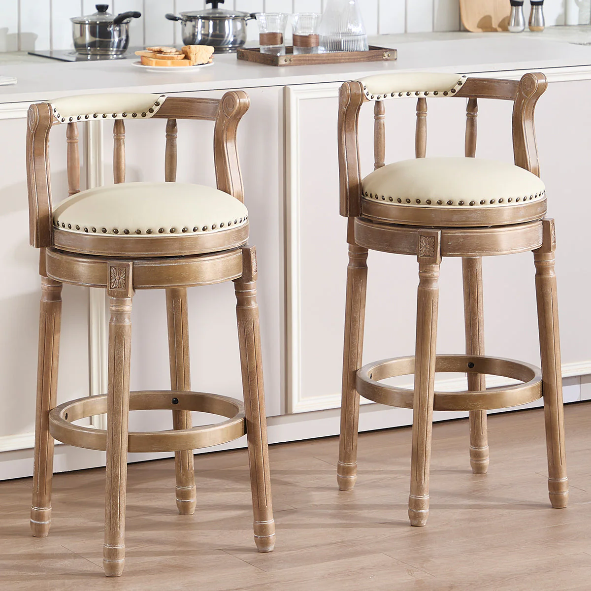 Cow Top Leather Bar Stools 360° Swivel with Backs, Bar/Counter Height - Wooden - Image 4