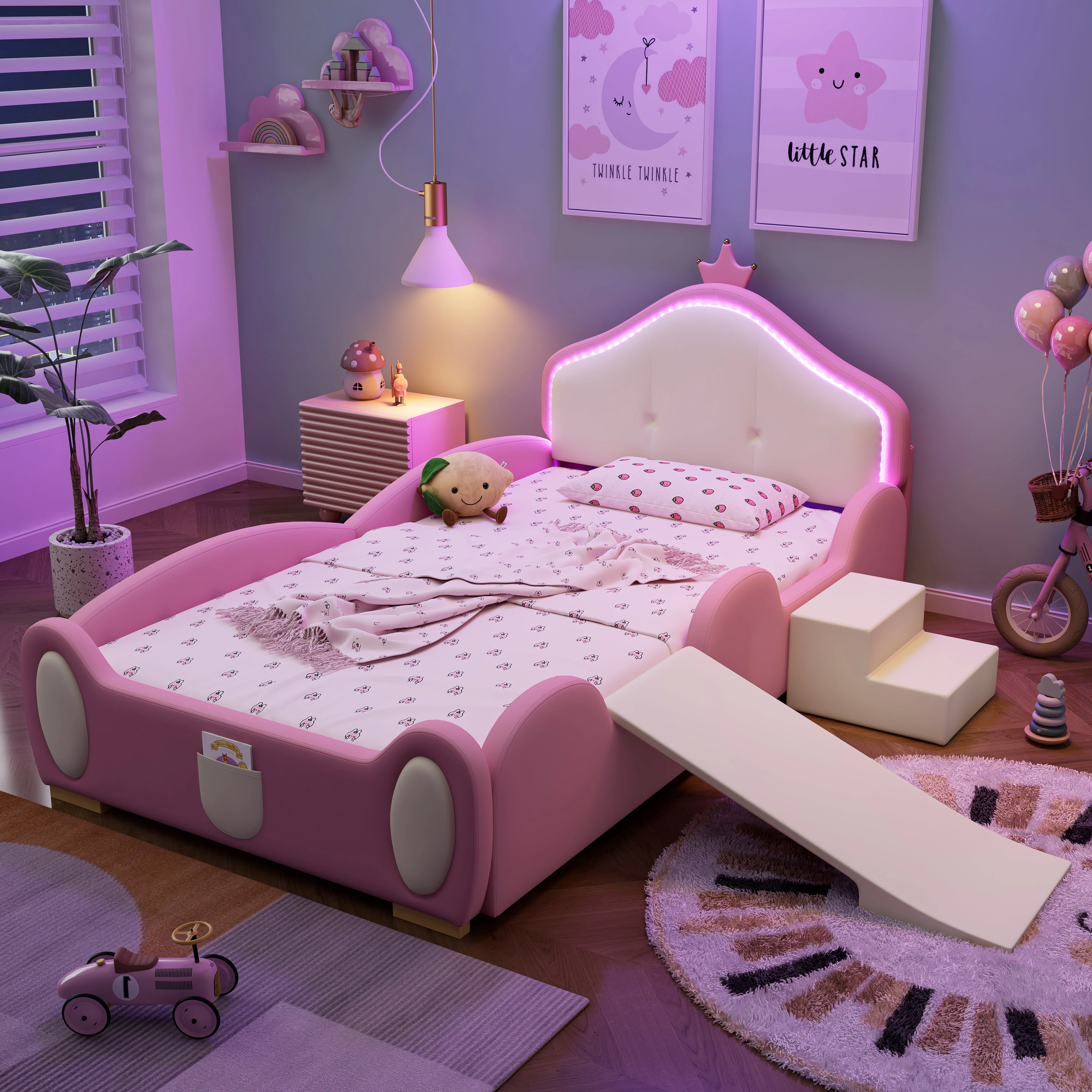 Crown Cartoon Bed Upholstered Children's Slide Stairs LED 90x200cm PU Pink + Beige