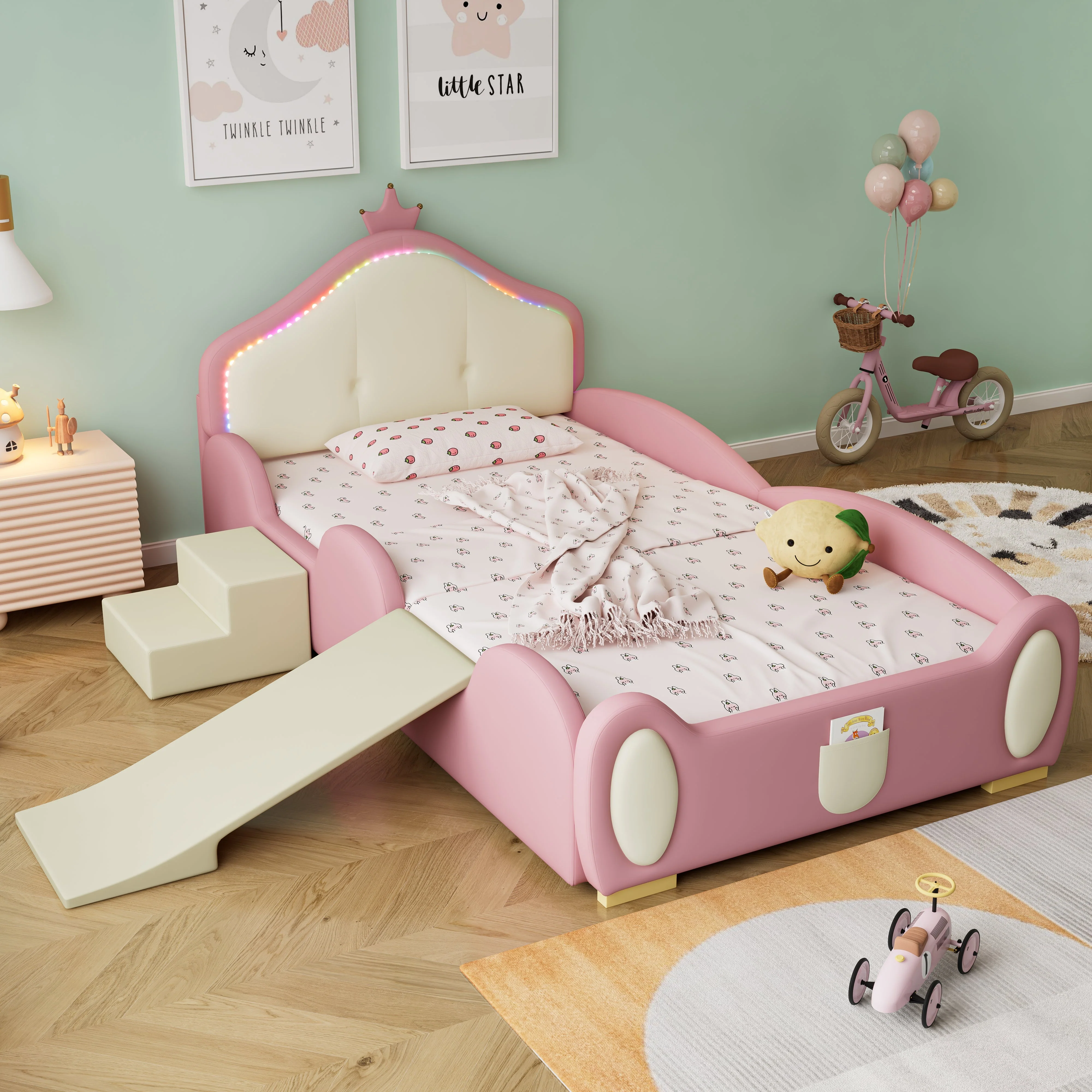 Crown Cartoon Bed Upholstered Children's Slide Stairs LED 90x200cm PU Pink + Beige - Image 2