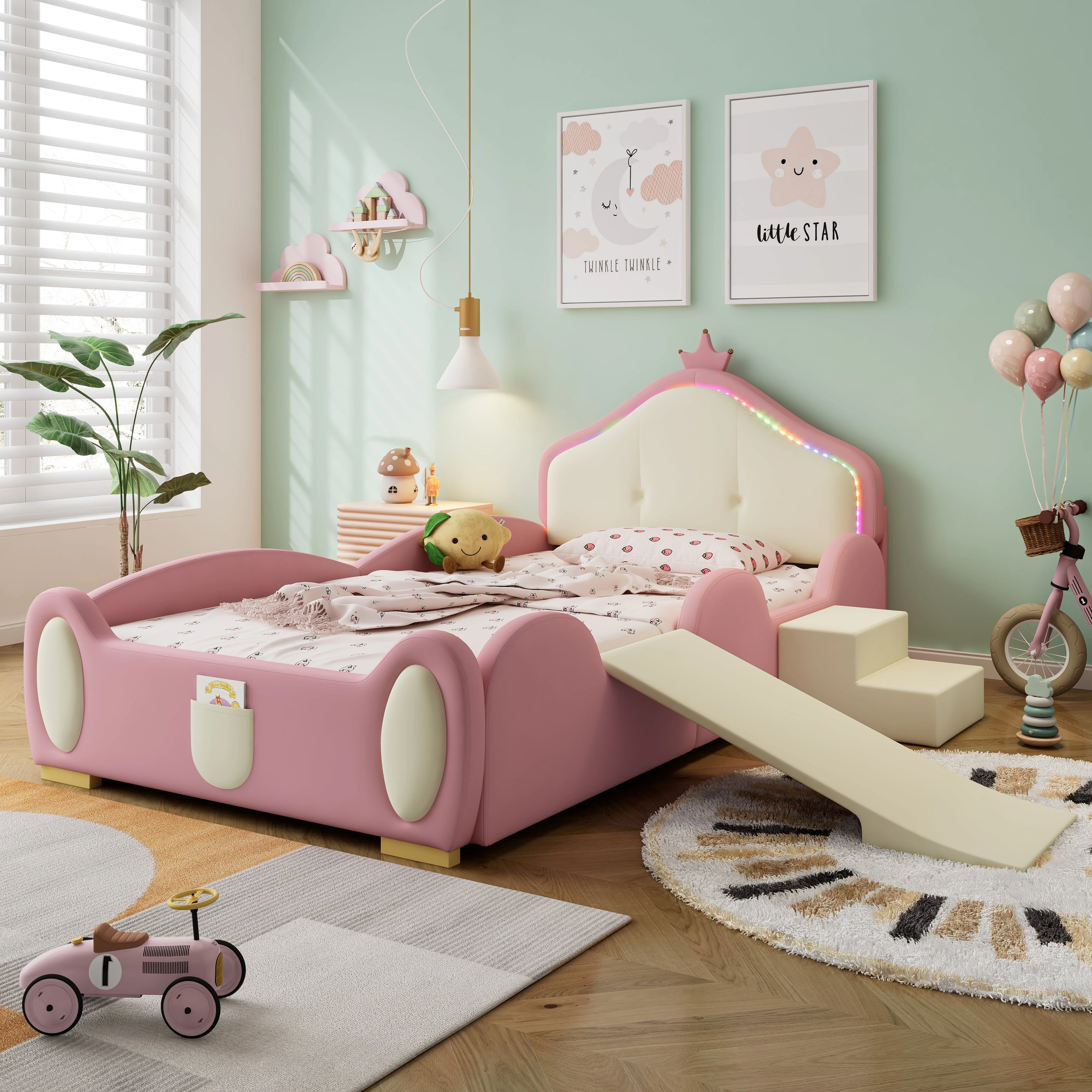 Crown Cartoon Bed Upholstered Children's Slide Stairs LED 90x200cm PU Pink + Beige - Image 4