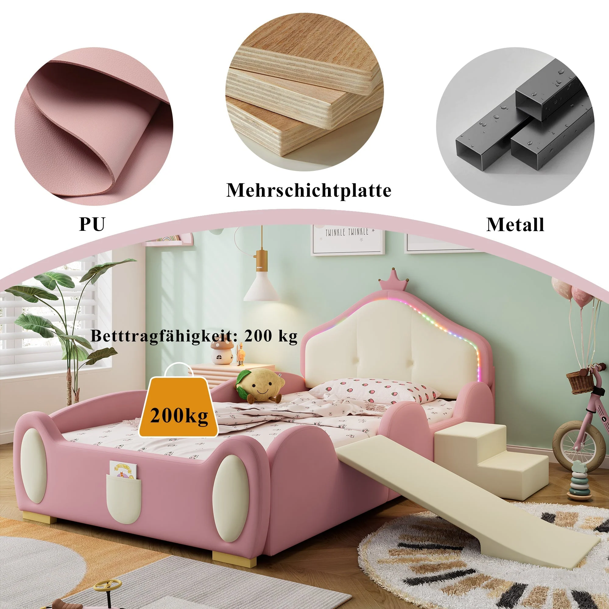 Crown Cartoon Bed Upholstered Children's Slide Stairs LED 90x200cm PU Pink + Beige - Image 6