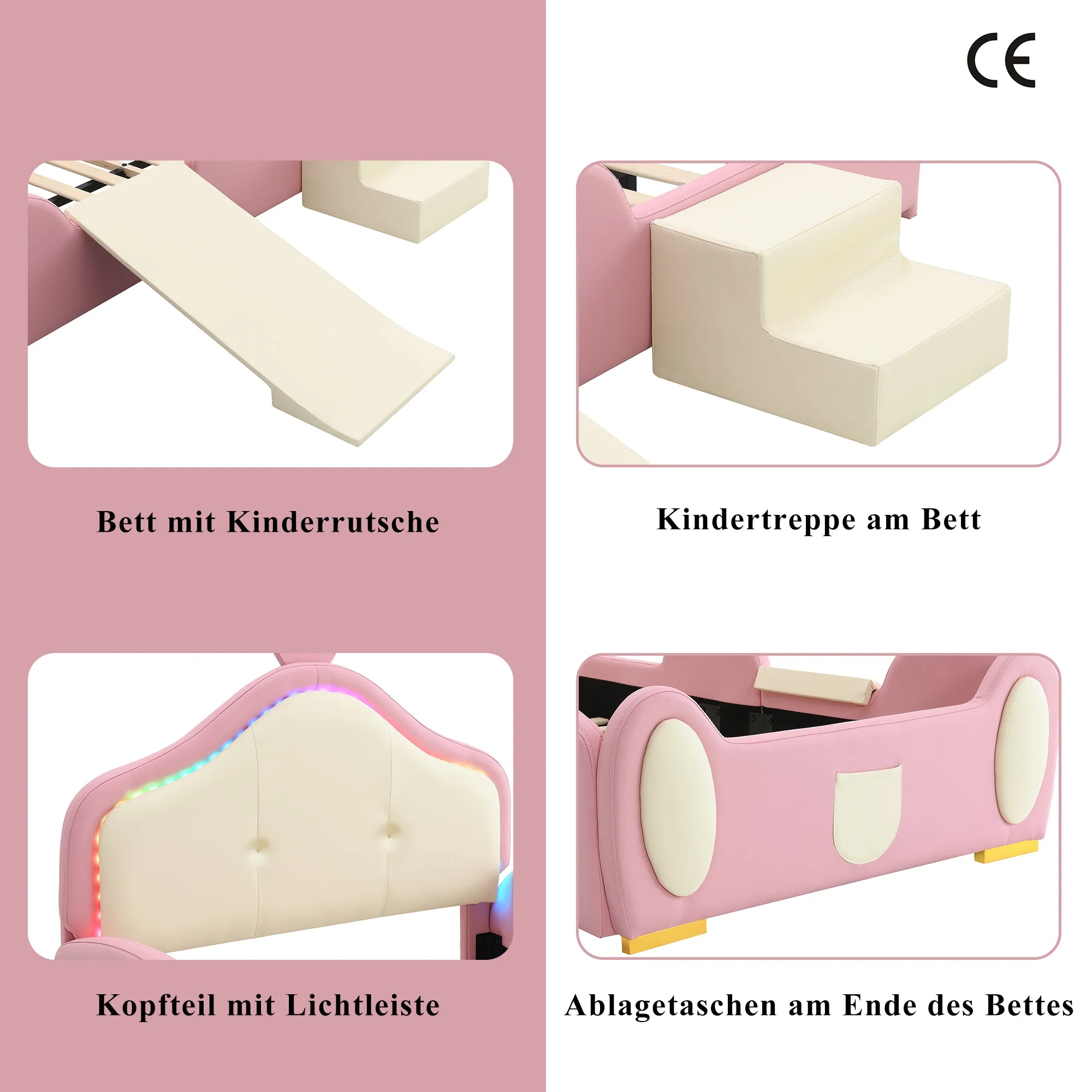 Crown Cartoon Bed Upholstered Children's Slide Stairs LED 90x200cm PU Pink + Beige - Image 8