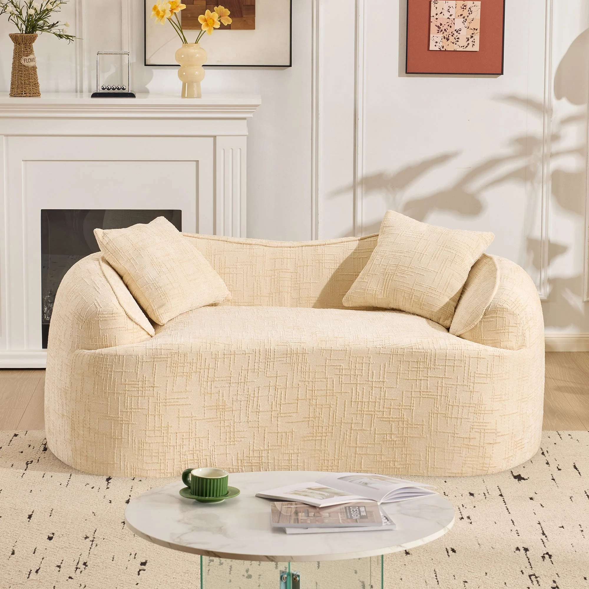 Curved Compression Sofa 2-Seater Armrests & Cushions - Beige