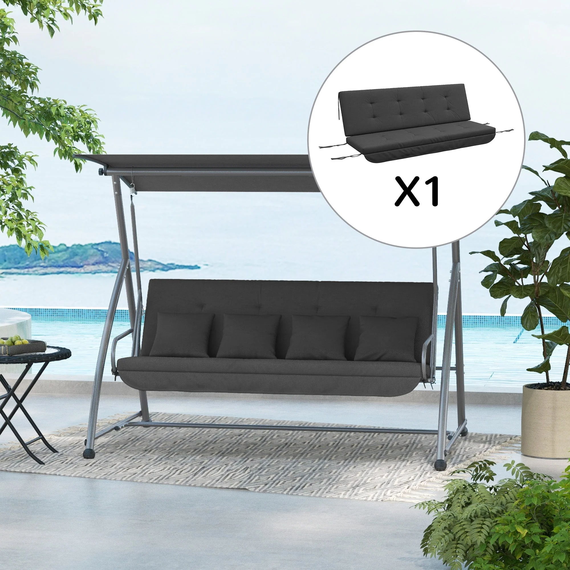 Cushion Set 170cm Hollywood Swing Chair & Back Cushions Weatherproof, Dark Grey - Image 2
