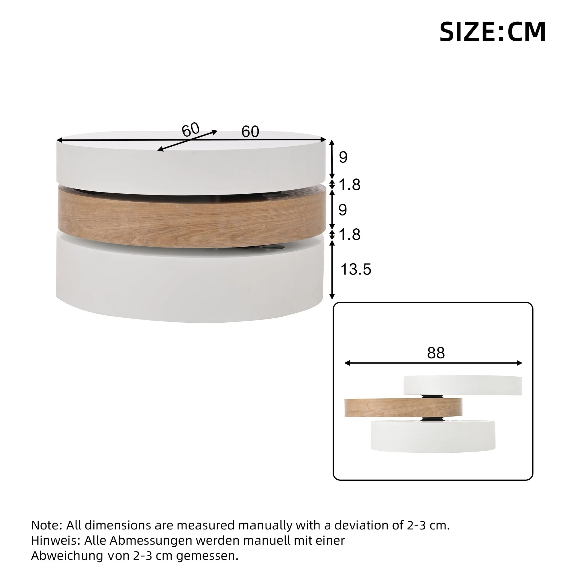Cylindrical Coffee Table, 360° Rotate, 3-Tier Storage, 60x60x35.1 cm - Willow Wood - Image 7
