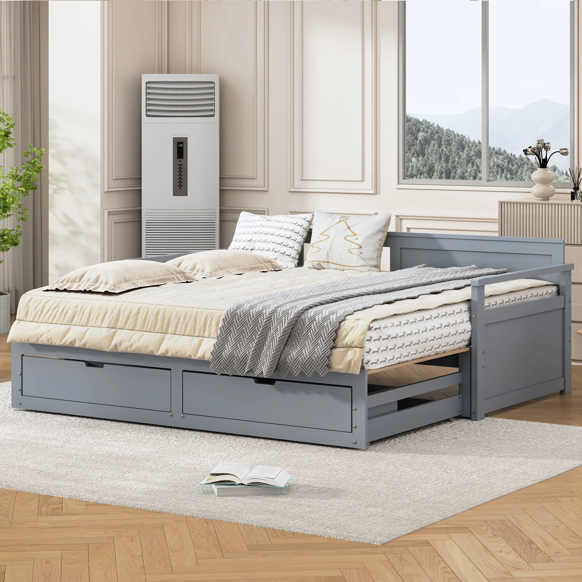 Day Bed, Multifunctional Two-in-One with Drawers, Pull-Out, Pine, Grey - Image 2
