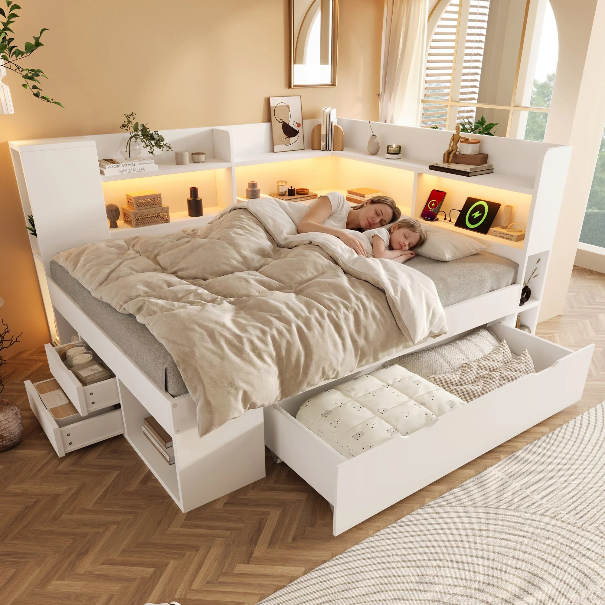 Daybed 140x200cm Functional Double Bed LED USB Storage White Wood - Image 6