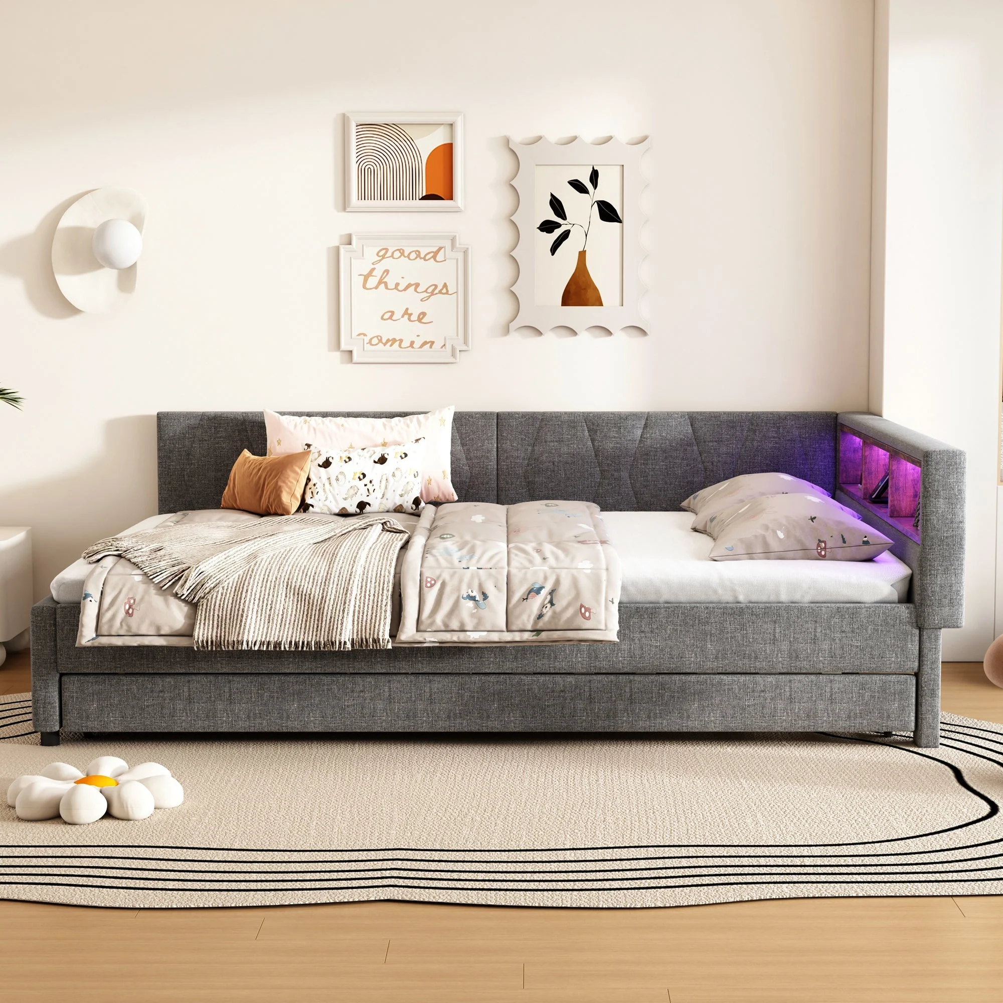 Daybed 140x200cm with Pull-out Bed, Storage, USB and LED, Grey Linen - Image 6
