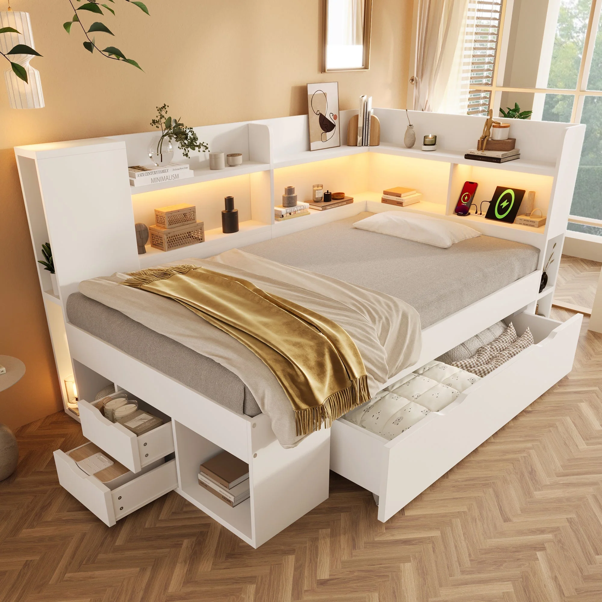 Daybed 90x200cm Functional Bed with LED & USB/Type-C Charging, Storage Shelves & Drawers - White Wood