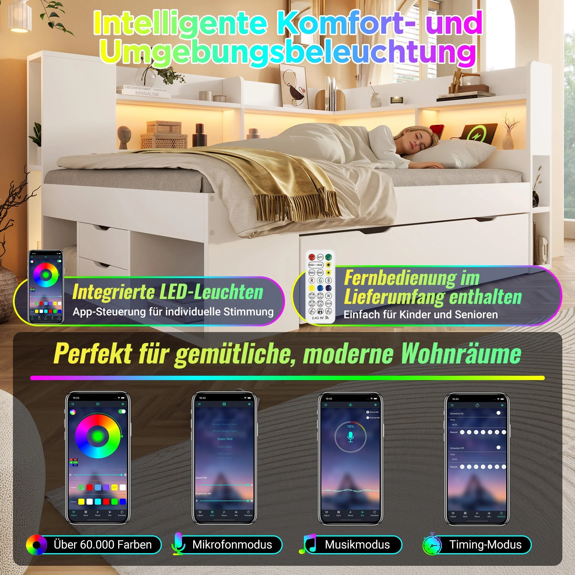 Daybed 90x200cm Functional Bed with LED & USB/Type-C Charging, Storage Shelves & Drawers - White Wood - Image 4