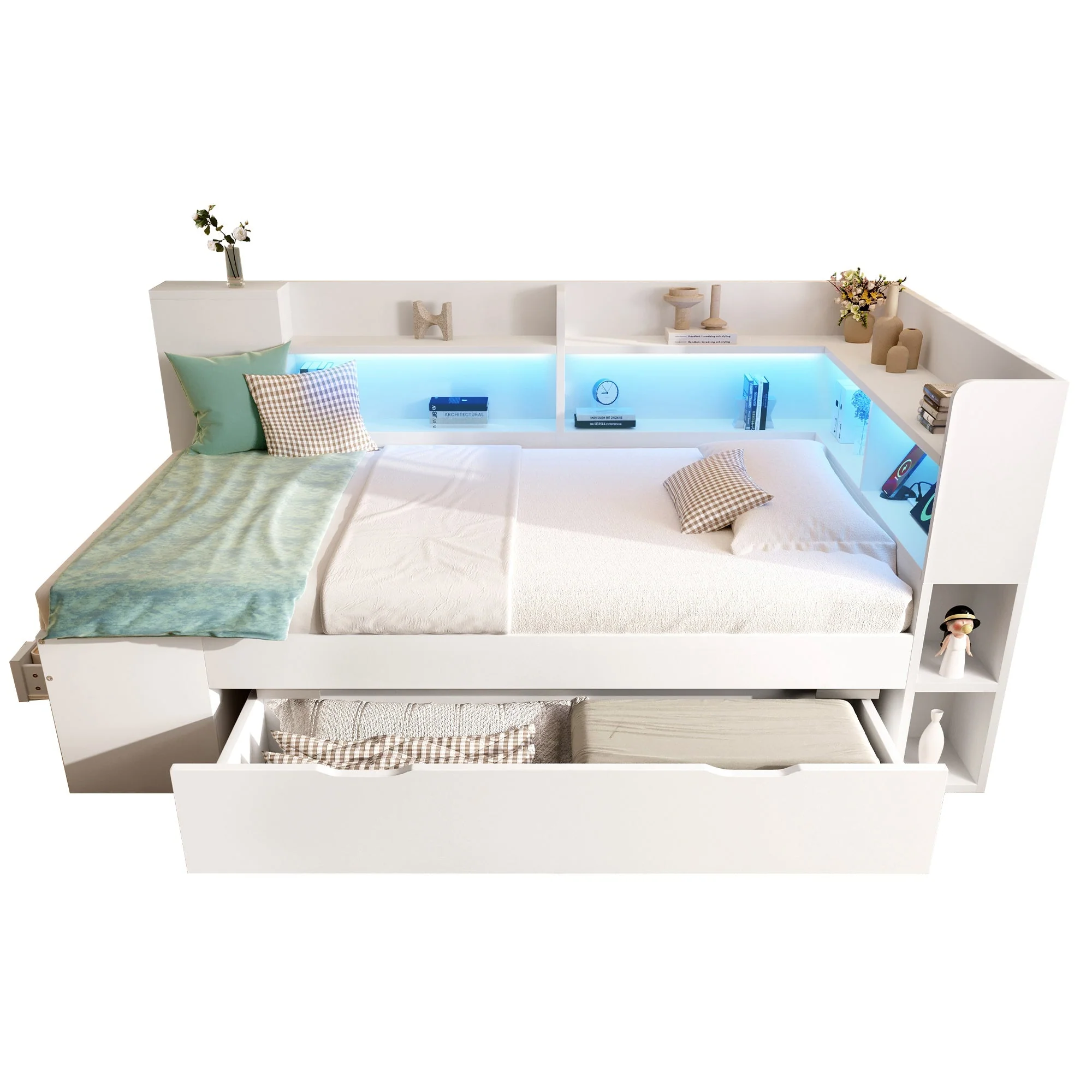 Daybed 90x200cm Functional Bed with LED & USB/Type-C Charging, Storage Shelves & Drawers - White Wood - Image 8