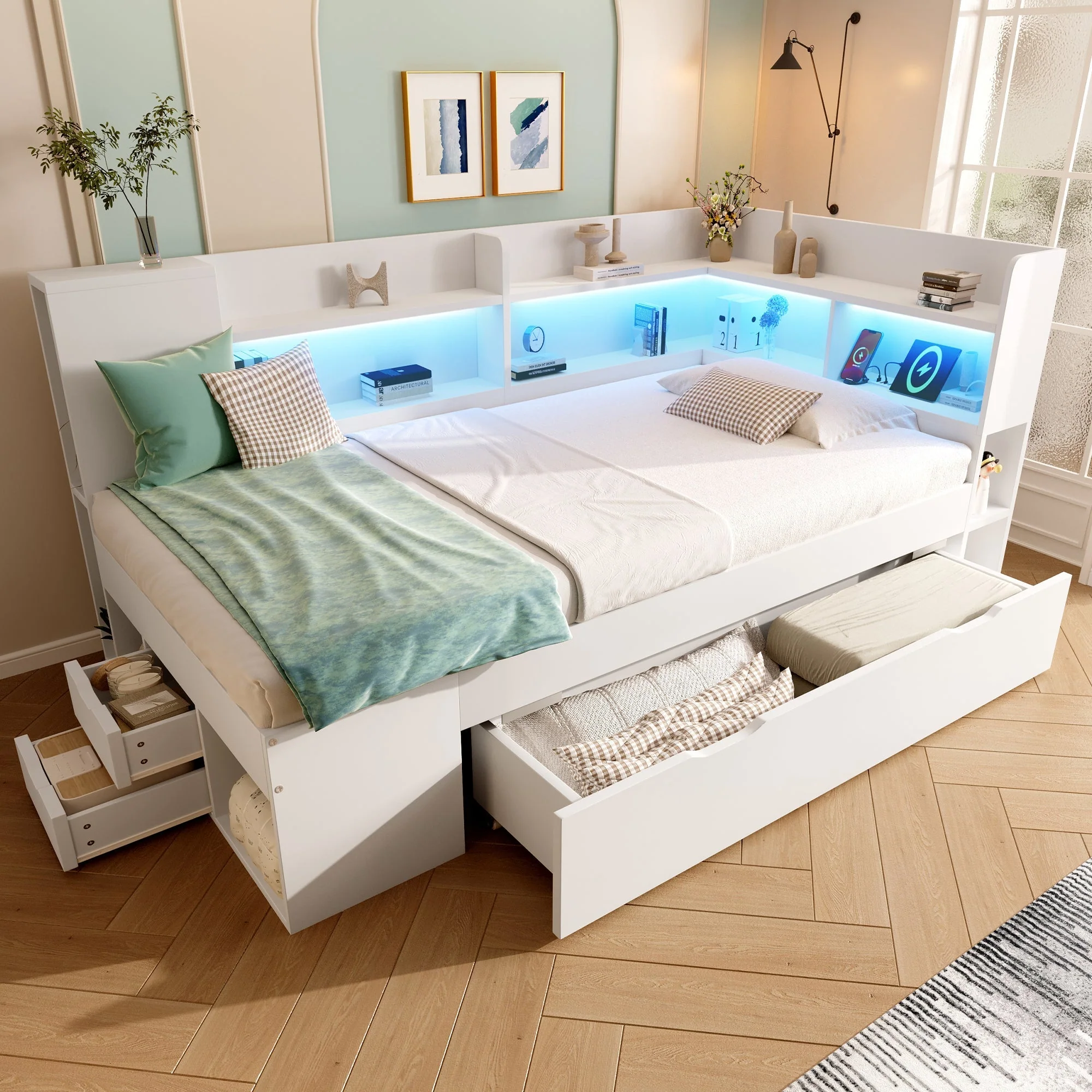 Daybed 90x200cm Functional Bed with LED & USB/Type-C Charging, Storage Shelves & Drawers - White Wood - Image 9