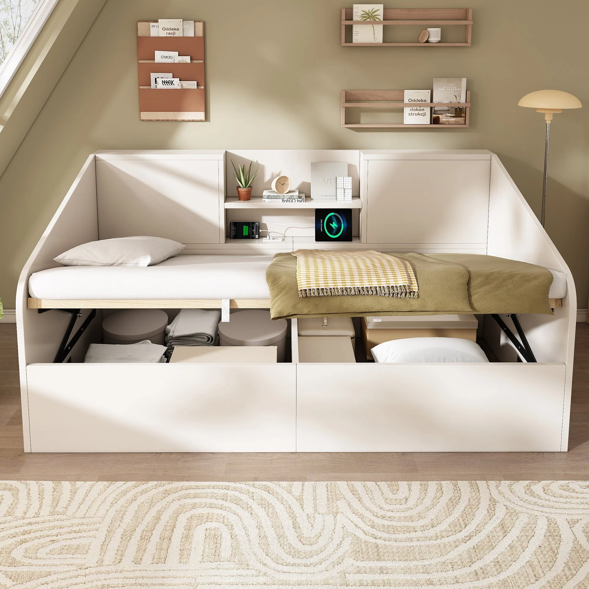 Daybed 90x200cm Hydraulic Storage USB/Type-C Charging - White Wood - Image 10