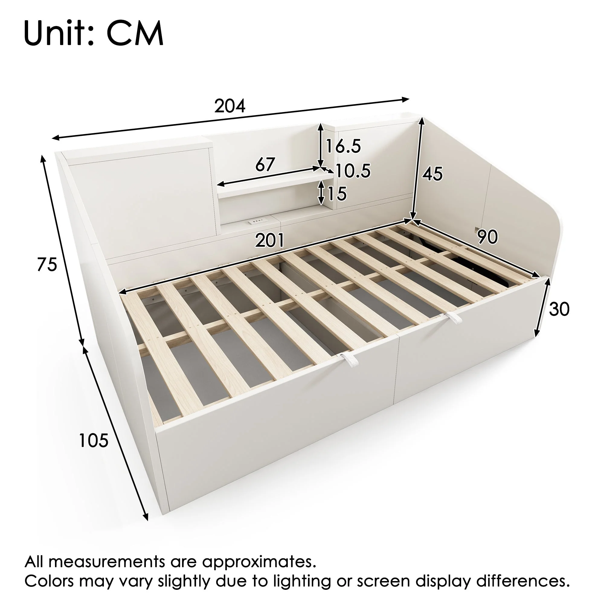 Daybed 90x200cm Hydraulic Storage USB/Type-C Charging - White Wood - Image 2