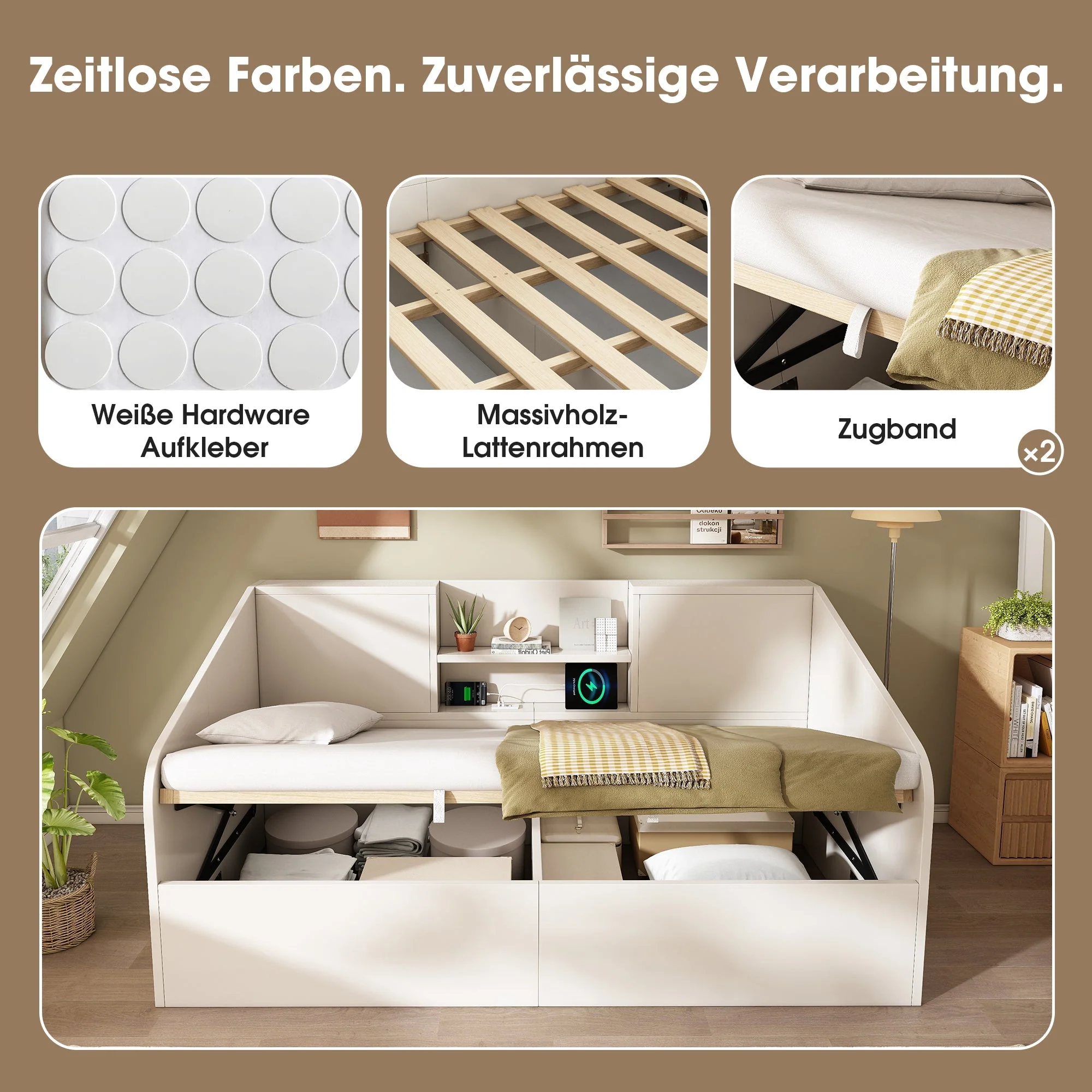 Daybed 90x200cm Hydraulic Storage USB/Type-C Charging - White Wood - Image 3