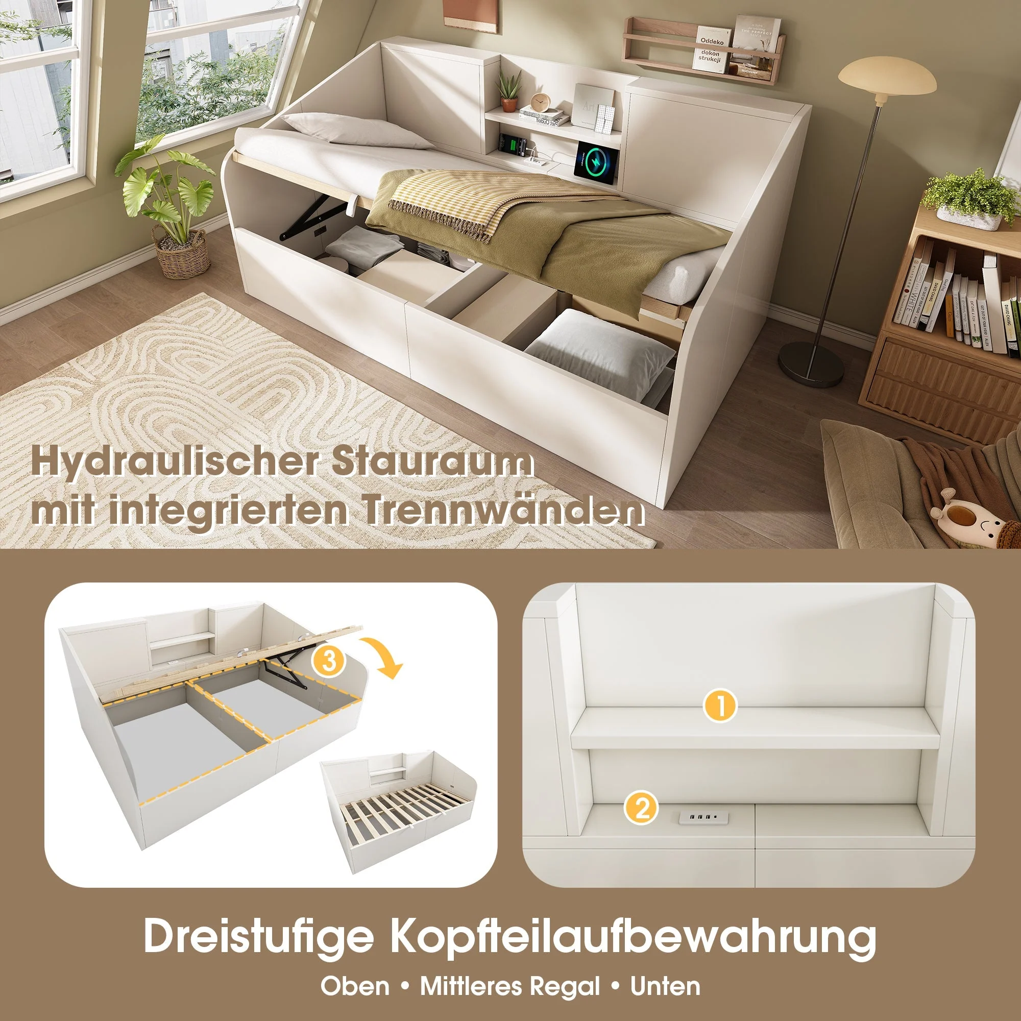 Daybed 90x200cm Hydraulic Storage USB/Type-C Charging - White Wood - Image 4