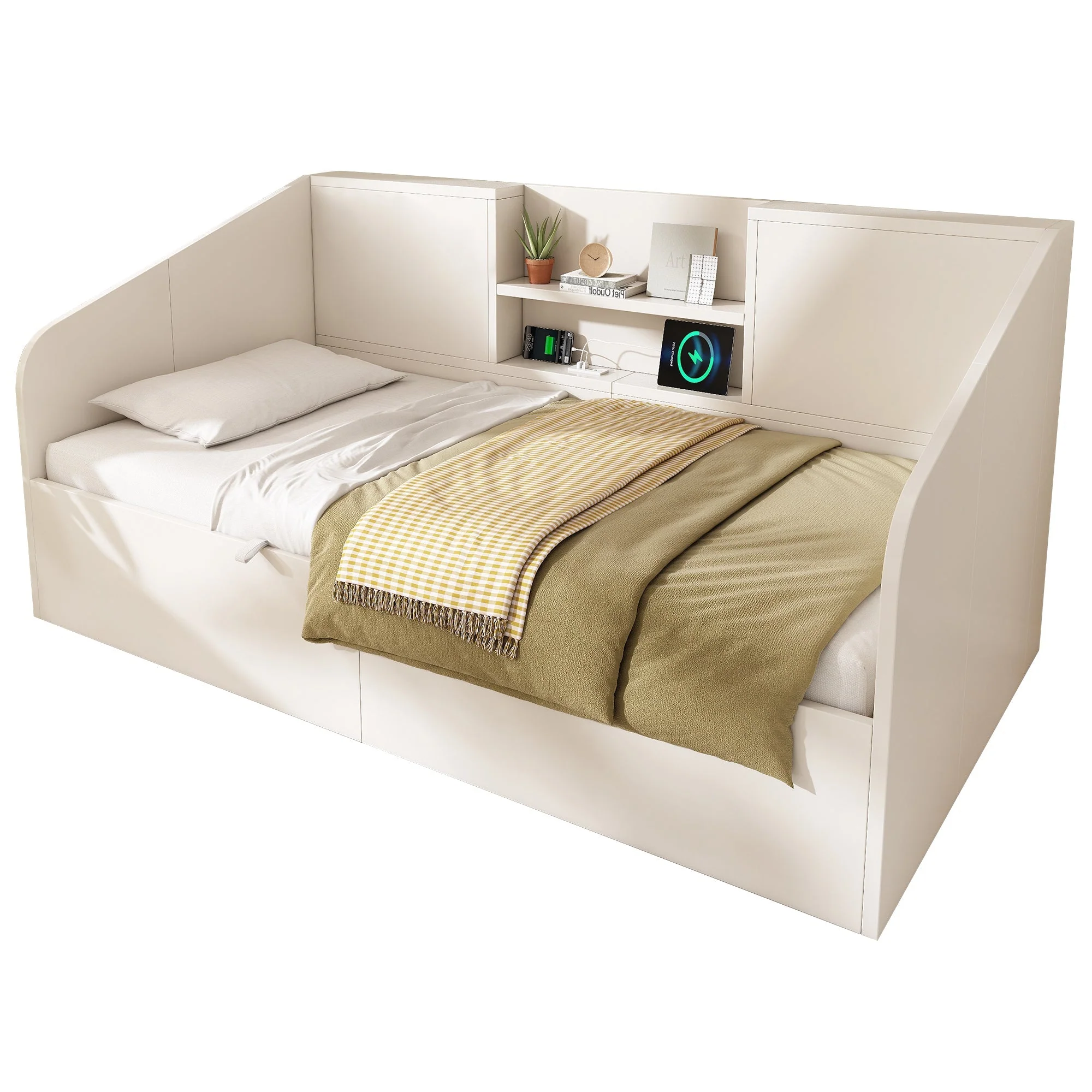 Daybed 90x200cm Hydraulic Storage USB/Type-C Charging - White Wood - Image 6