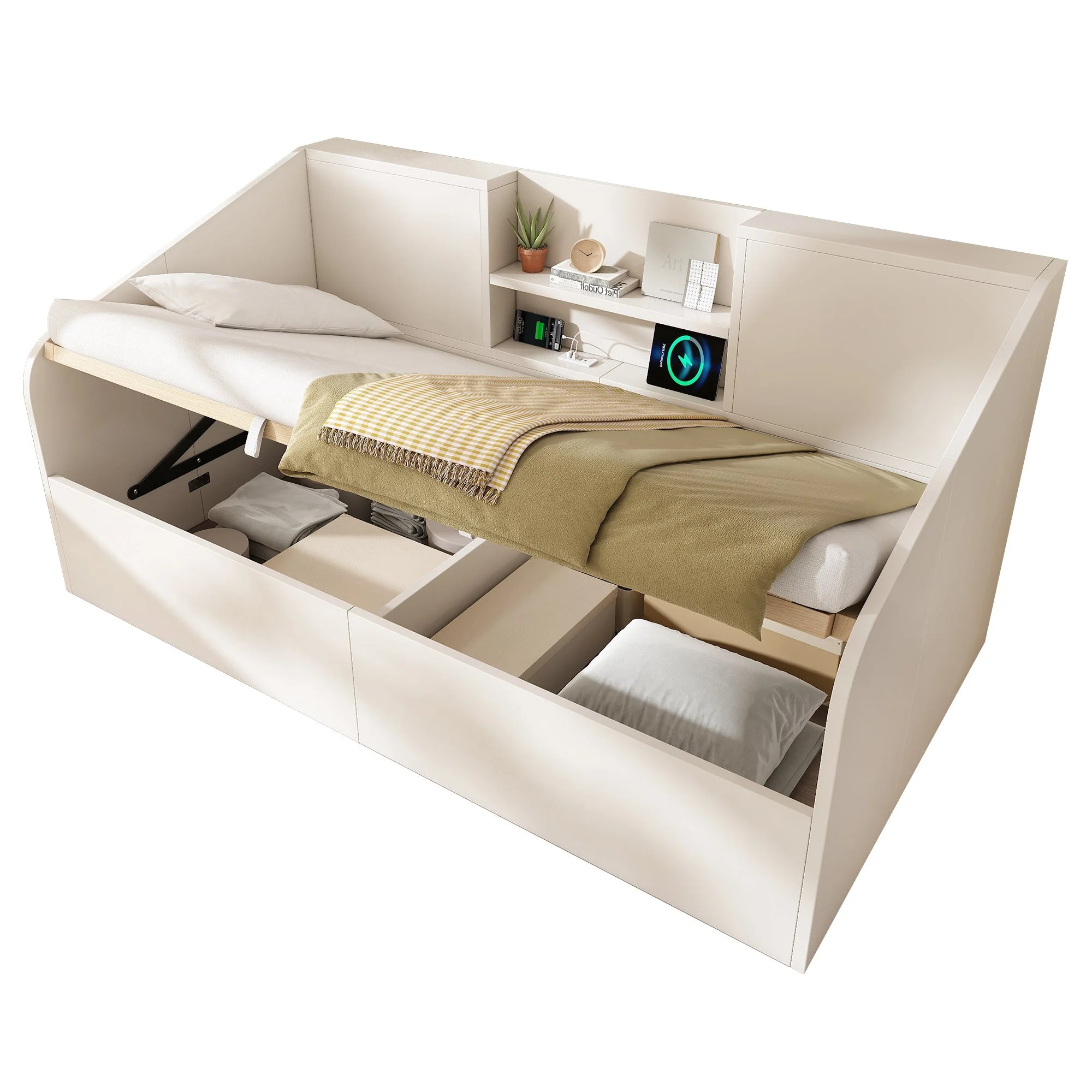 Daybed 90x200cm Hydraulic Storage USB/Type-C Charging - White Wood - Image 7