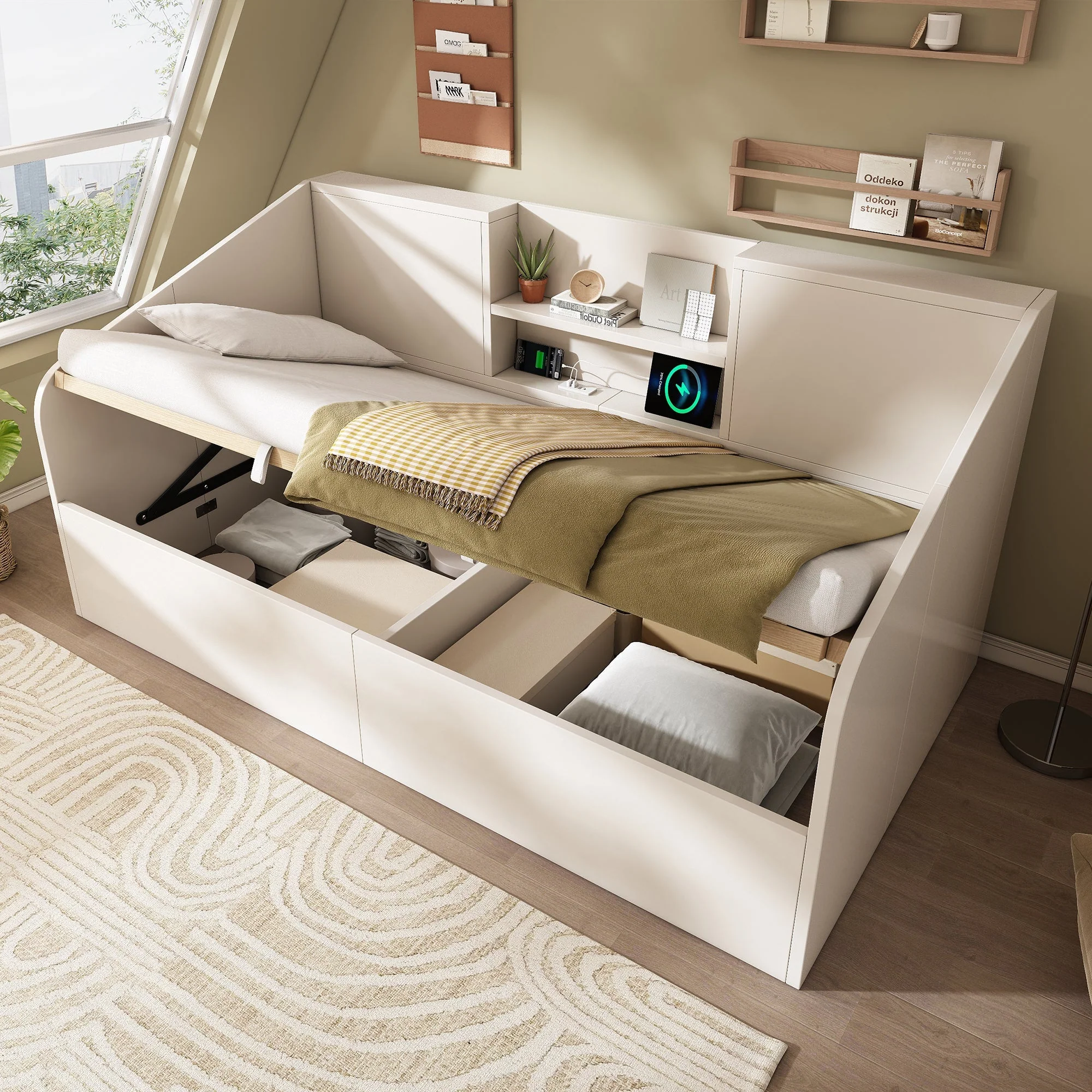 Daybed 90x200cm Hydraulic Storage USB/Type-C Charging - White Wood - Image 8