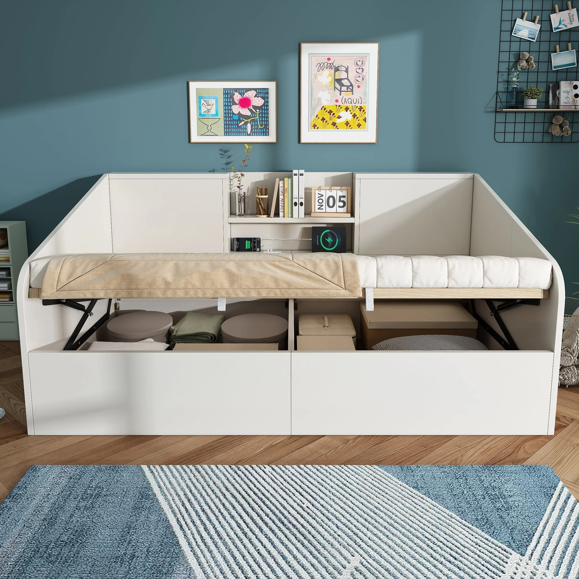 Daybed 90x200cm Hydraulic Storage USB/Type-C Charging - White Wood - Image 9