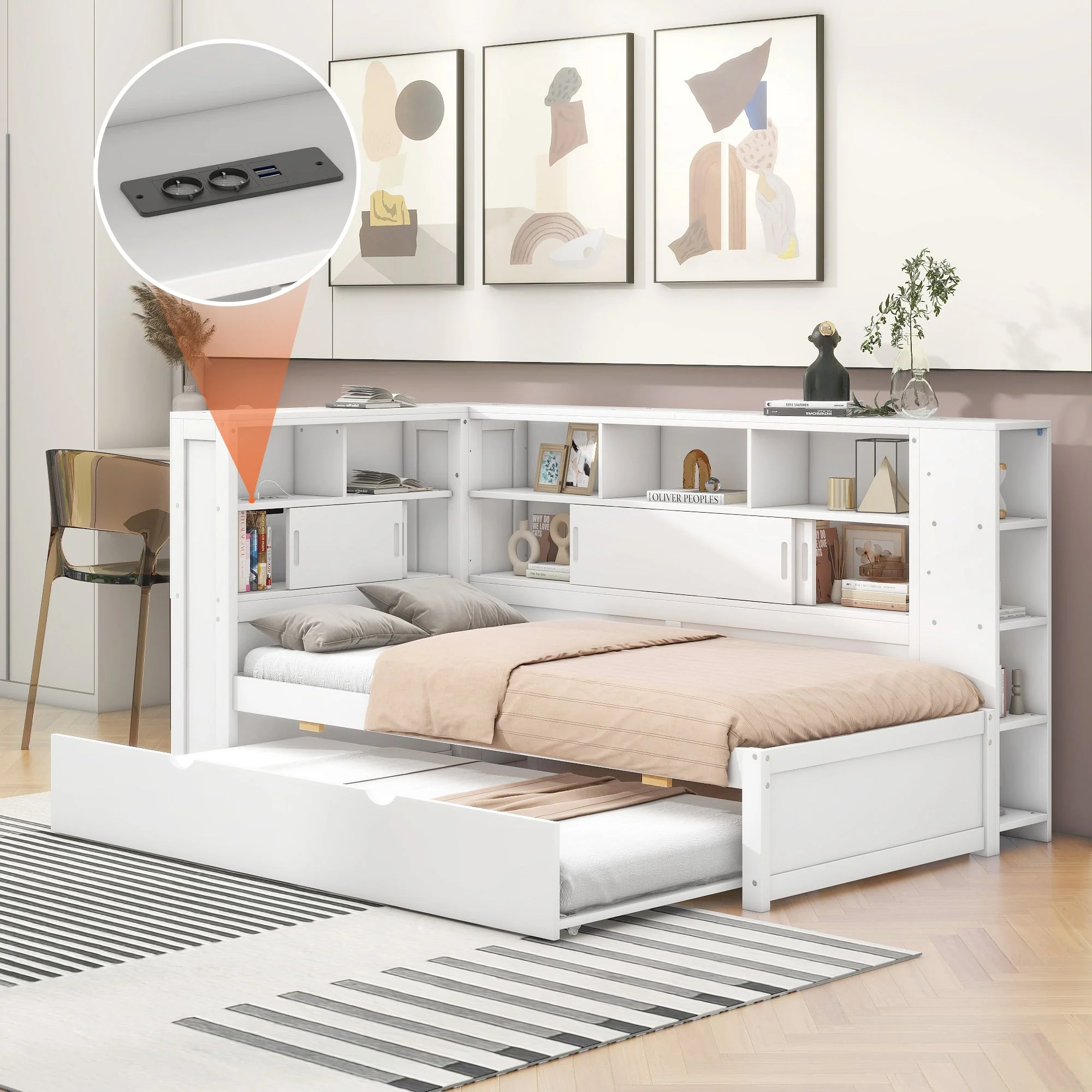 Daybed 90x200cm Pull-out Bed Storage USB - White Chipboard