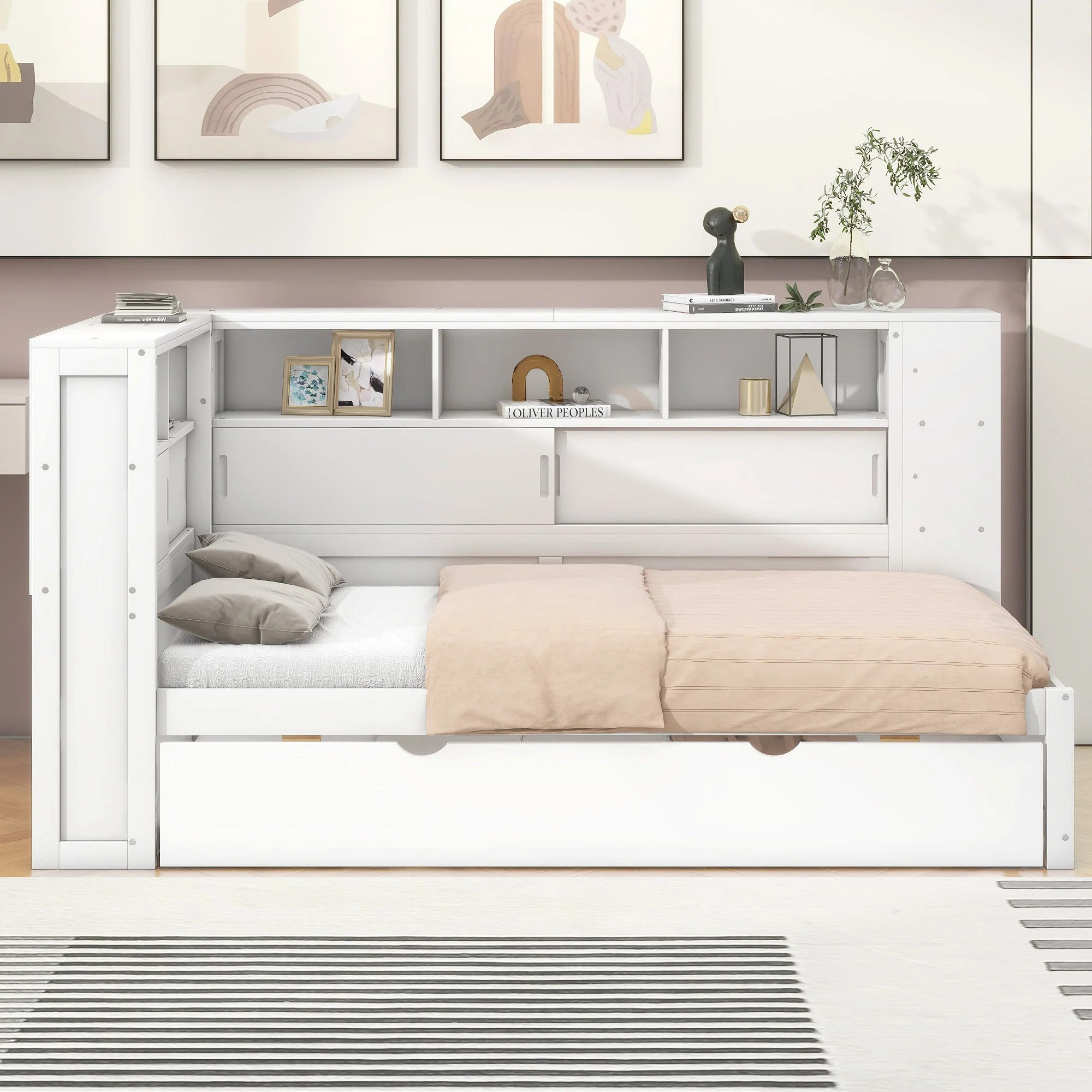 Daybed 90x200cm Pull-out Bed Storage USB - White Chipboard - Image 2