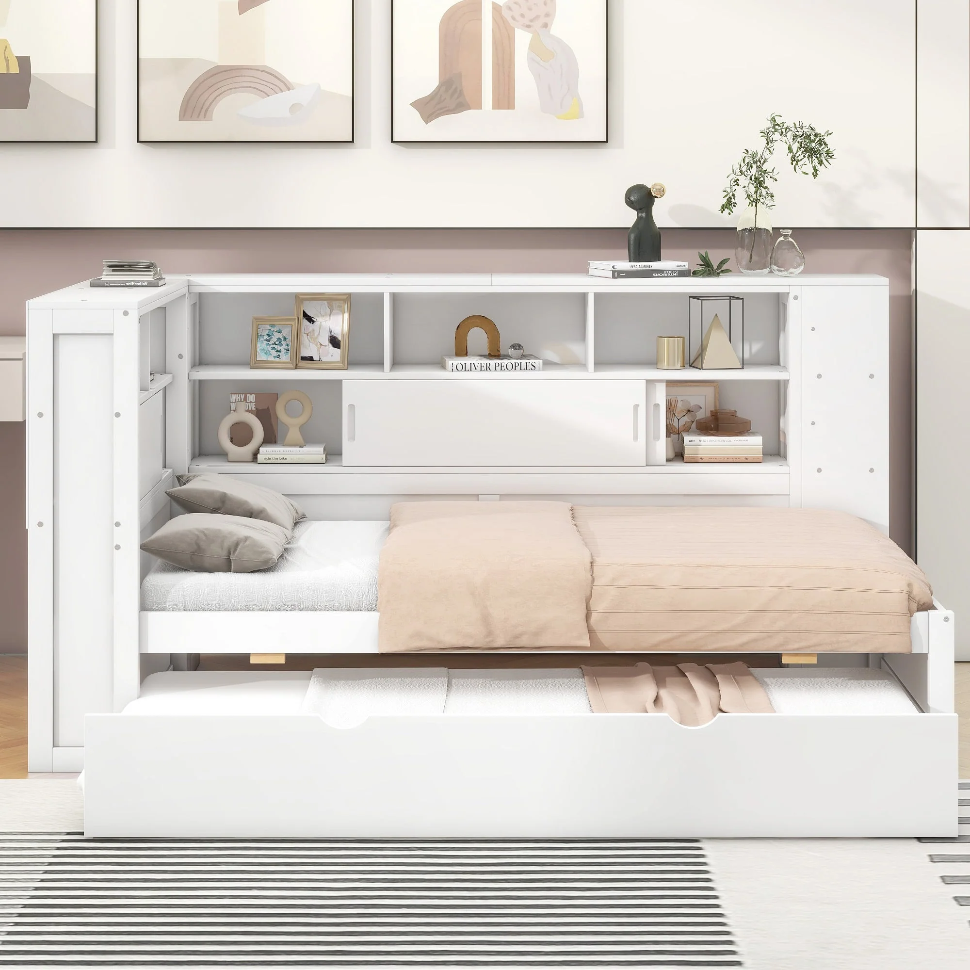 Daybed 90x200cm Pull-out Bed Storage USB - White Chipboard - Image 3
