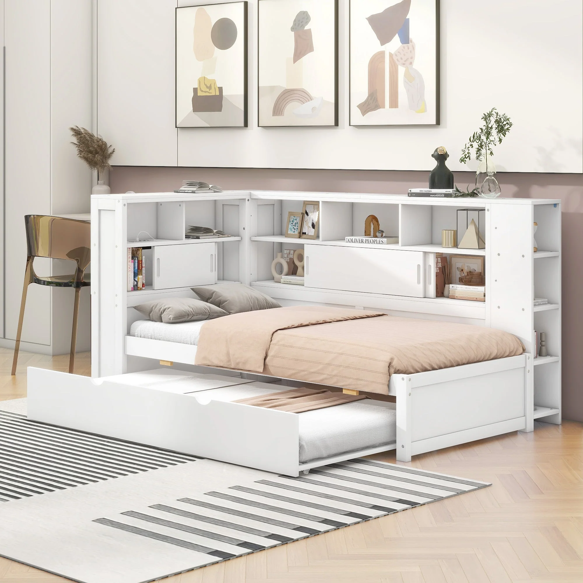 Daybed 90x200cm Pull-out Bed Storage USB - White Chipboard - Image 4