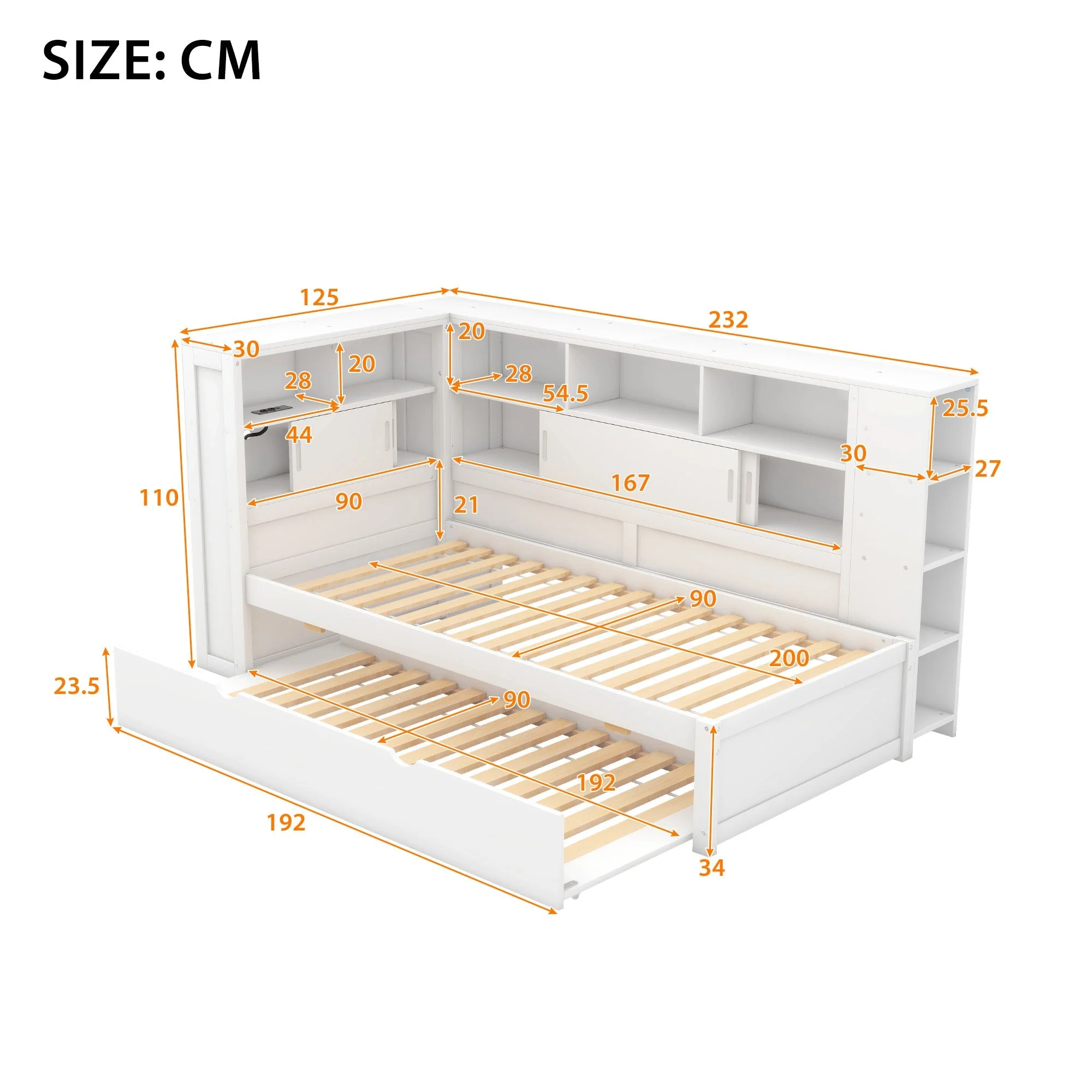Daybed 90x200cm Pull-out Bed Storage USB - White Chipboard - Image 5