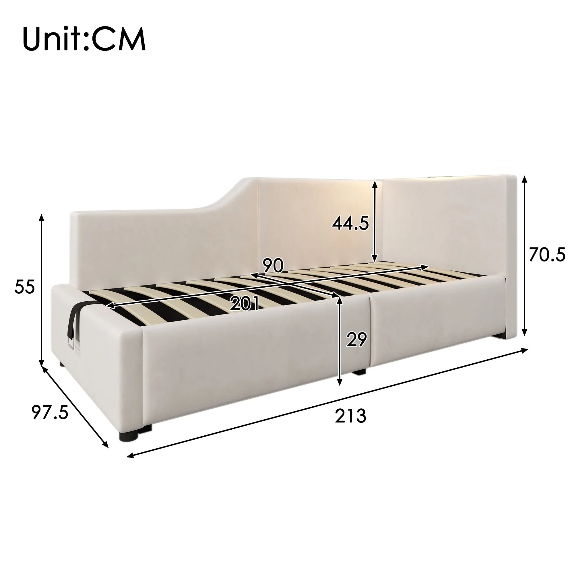 Daybed, 90x200cm Sofa with Hydraulic Storage, Reading Light & USB-C, Velvet Beige - Image 2