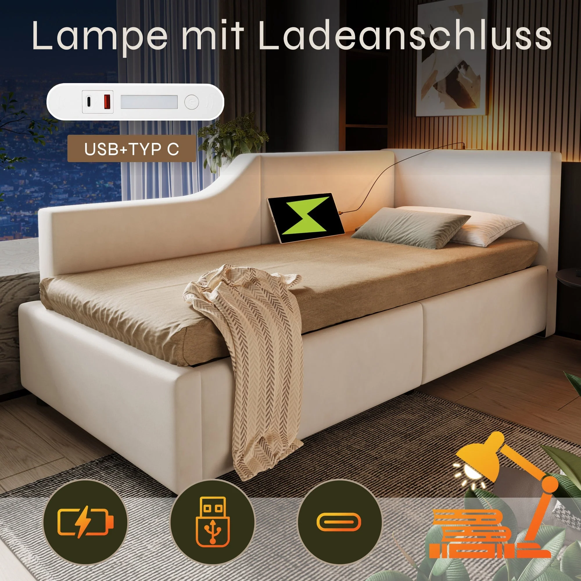 Daybed, 90x200cm Sofa with Hydraulic Storage, Reading Light & USB-C, Velvet Beige - Image 5