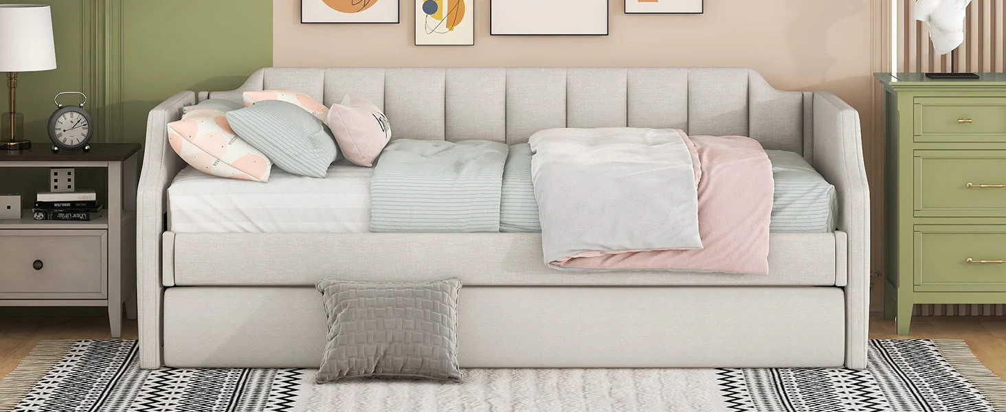 Daybed 90x200cm Upholstered Rollaway Bed - Beige - Image 8