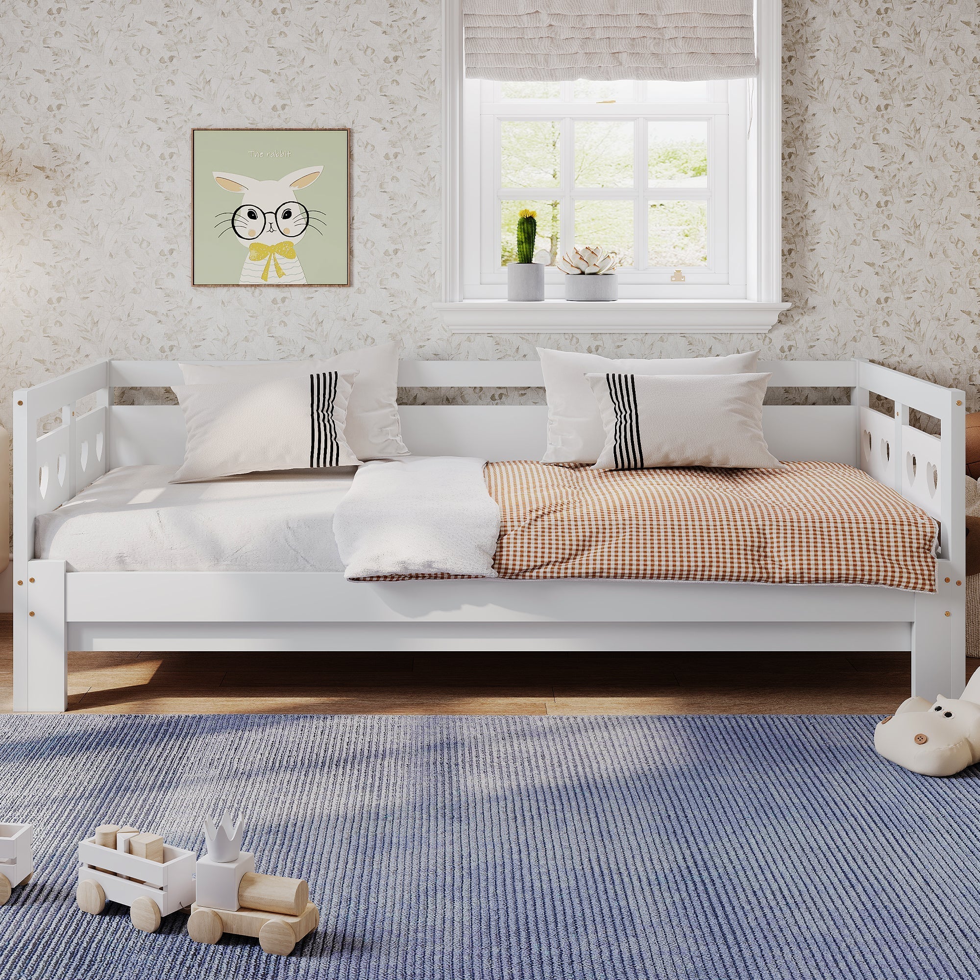 Daybed Cabin Bed Wooden 3FT Single Sofa Guest Bed with Pull-out Trundle, Heart-Shaped, White Wood - Image 6