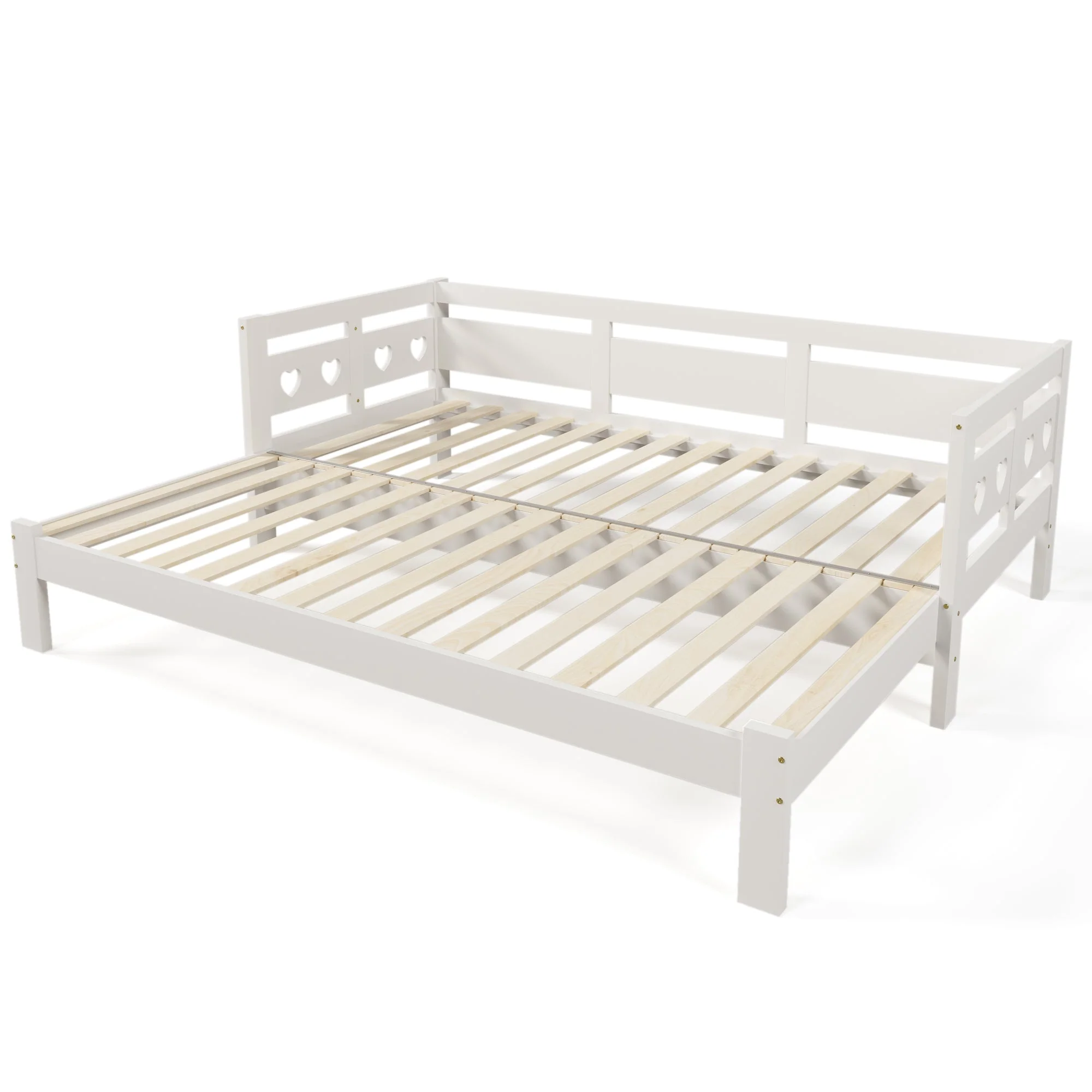 Daybed, pull-out bed, 90x190cm, solid pine, with 2nd sleeping accommodation and roll-out slatted frame, heart-shaped bed, white - Image 10
