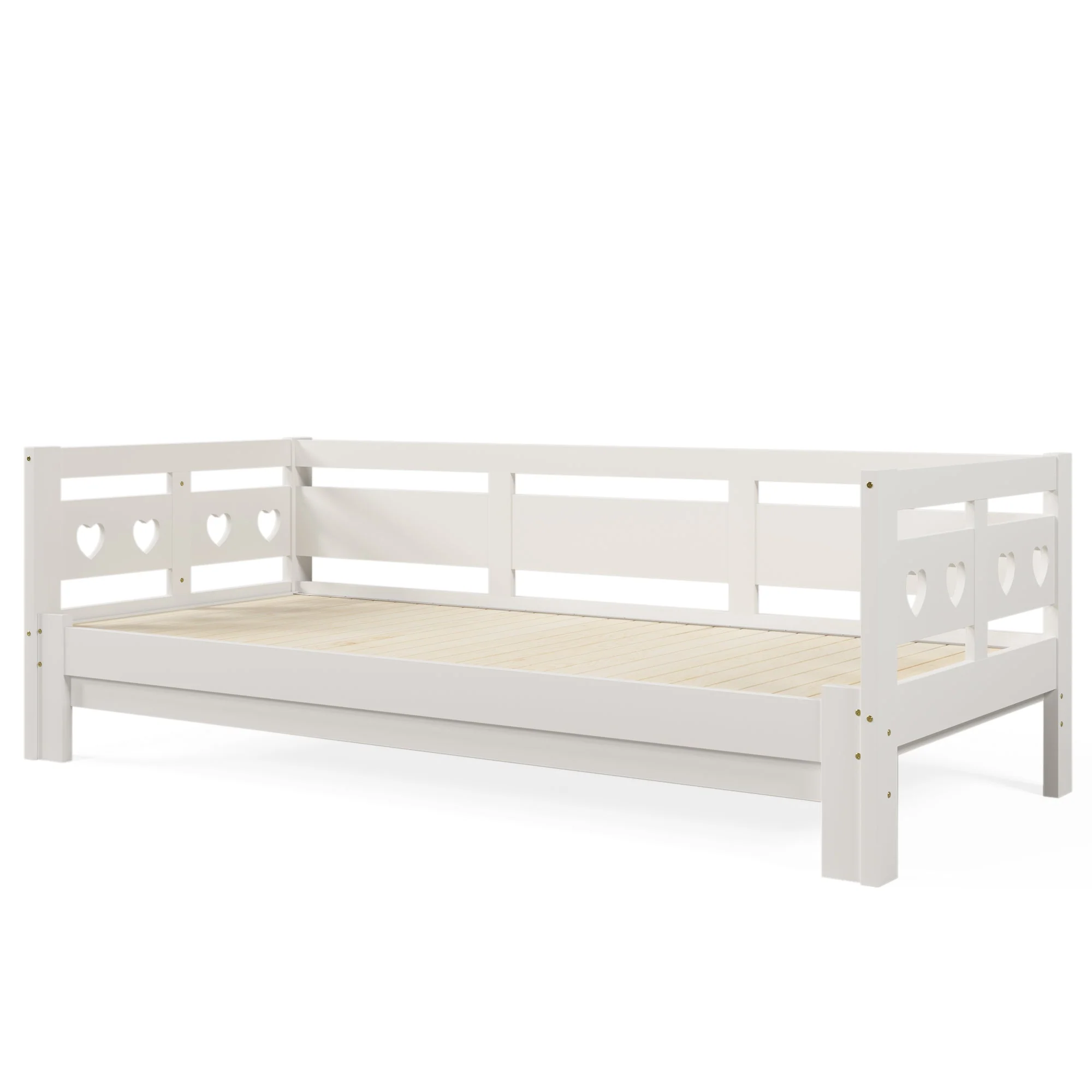 Daybed, pull-out bed, 90x190cm, solid pine, with 2nd sleeping accommodation and roll-out slatted frame, heart-shaped bed, white - Image 11