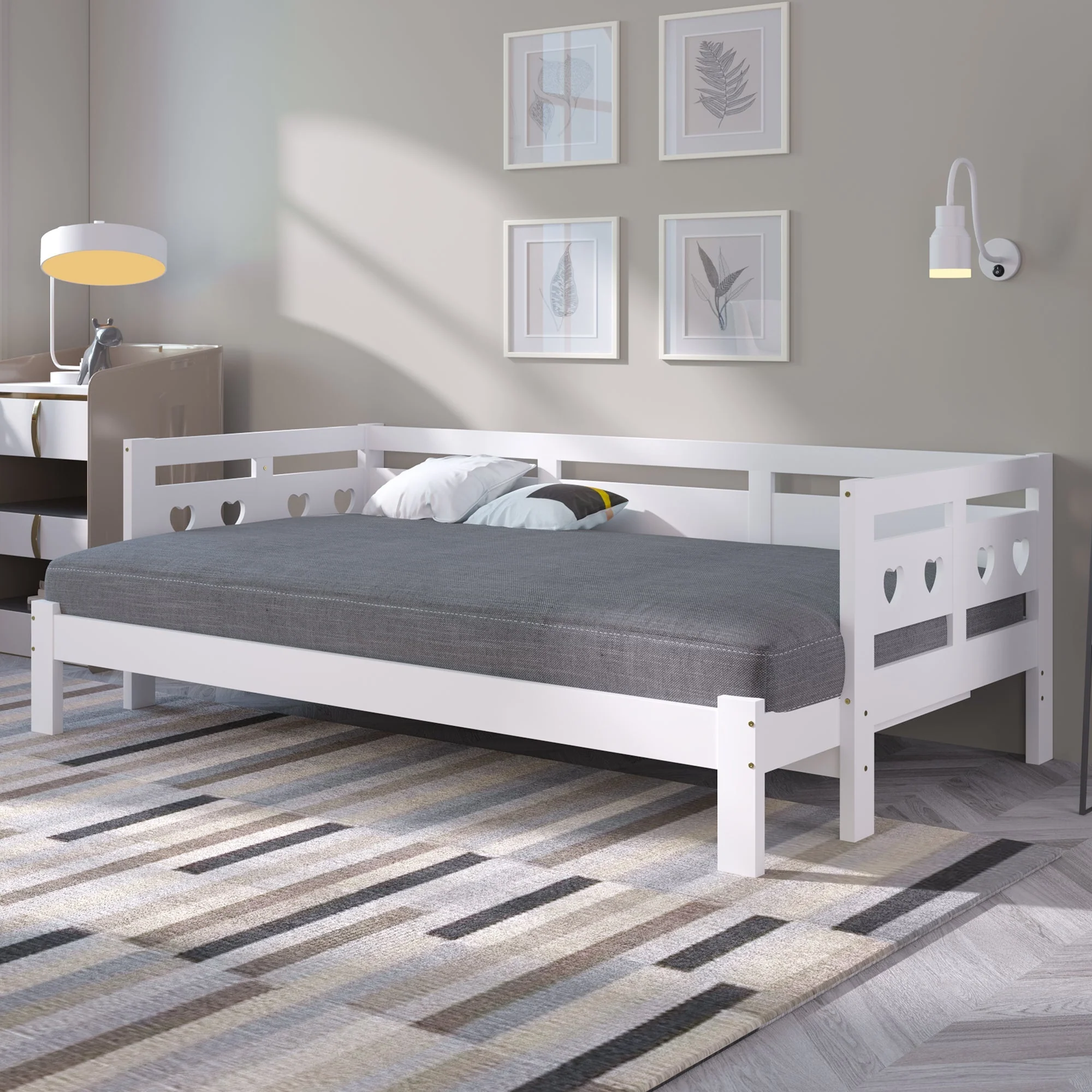 Daybed, pull-out bed, 90x190cm, solid pine, with 2nd sleeping accommodation and roll-out slatted frame, heart-shaped bed, white - Image 12