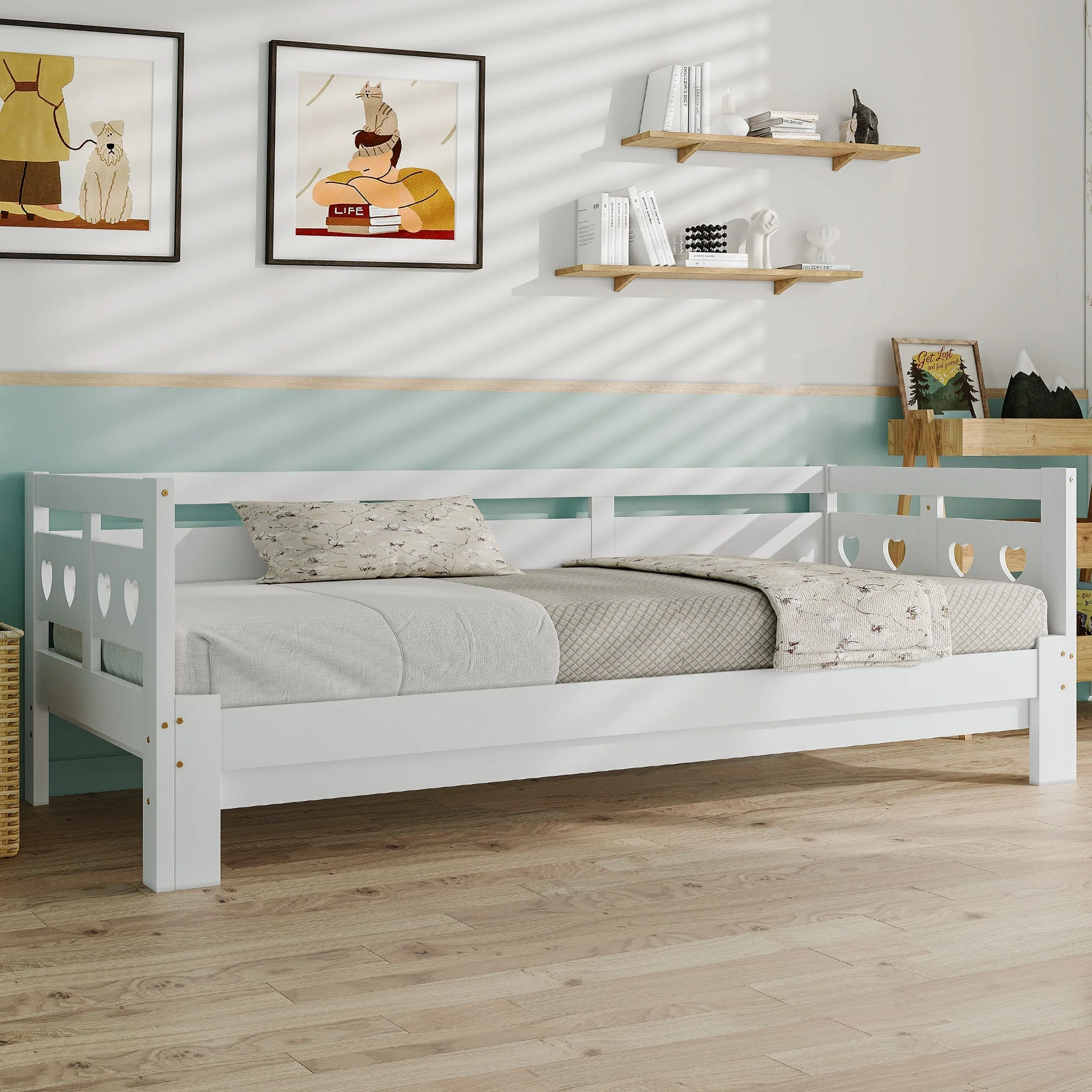 Daybed, pull-out bed, 90x190cm, solid pine, with 2nd sleeping accommodation and roll-out slatted frame, heart-shaped bed, white - Image 6