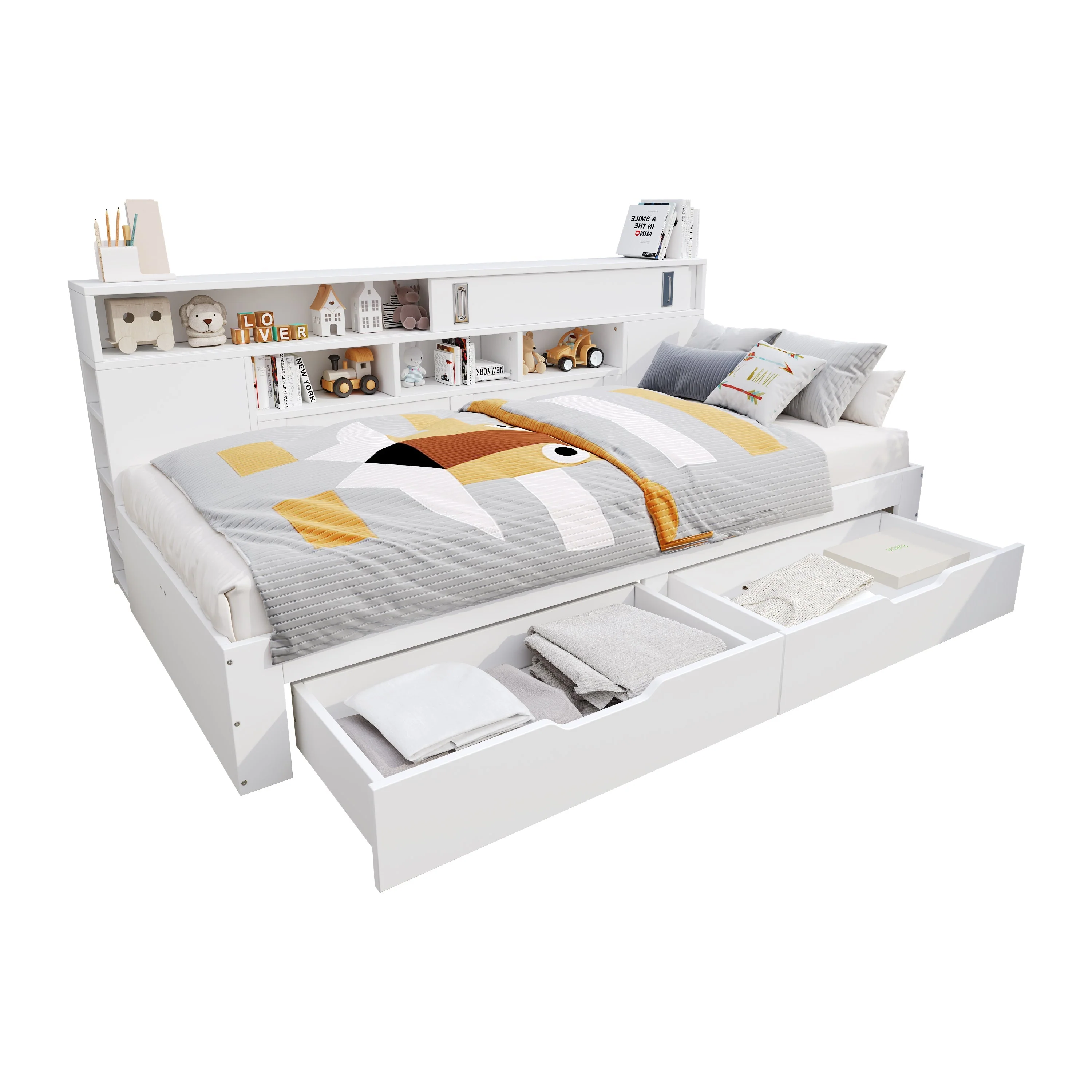 Daybed Single Bed 90x200cm Multifunctional Drawers Bookshelf Storage - White - Image 8